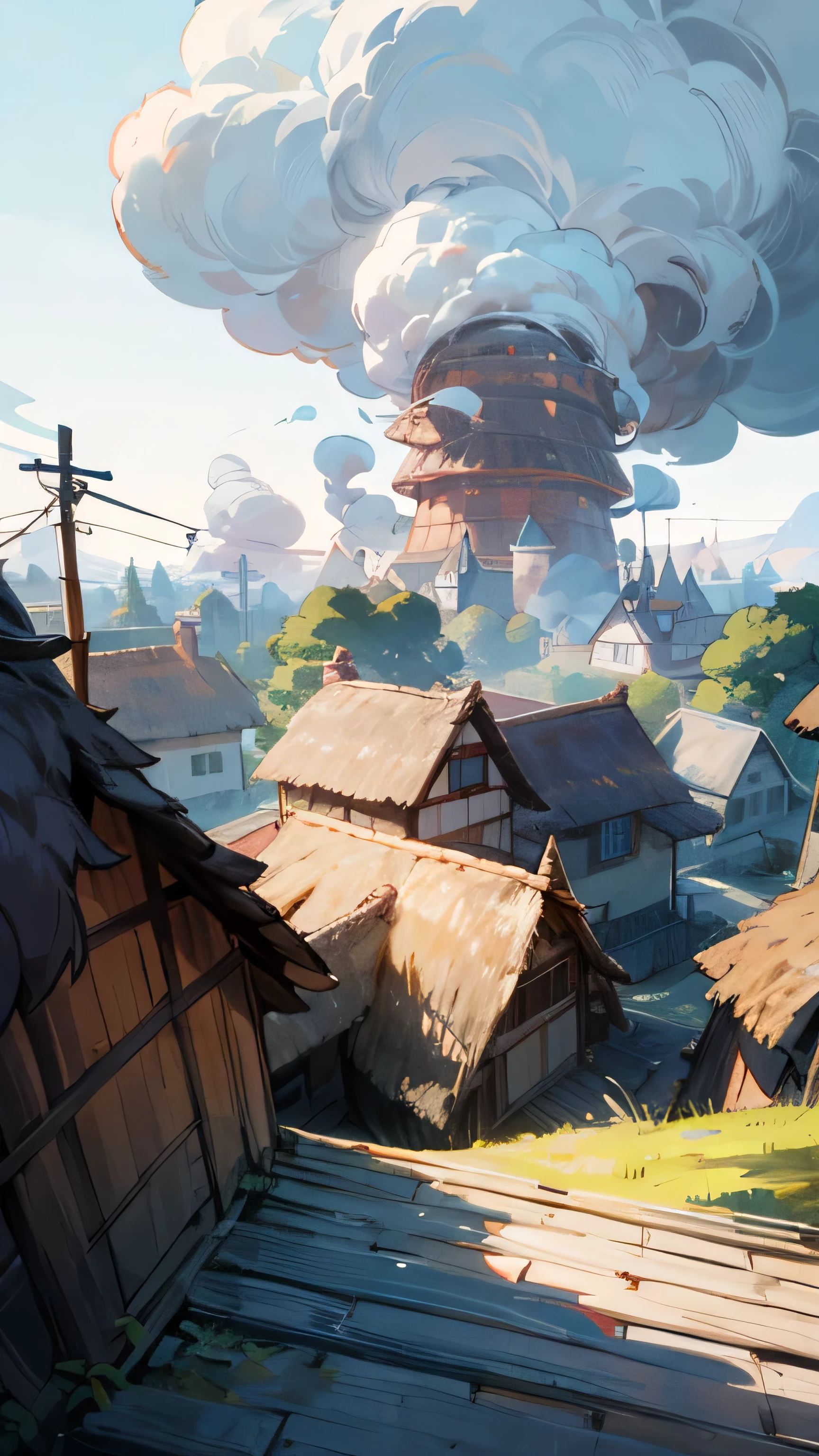 A quaint village at the edge of a dense forest. Houses with thatched roofs, smoke rising from chimneys, and villagers going about their daily routines. Whiskers, a curious cat with bright eyes, stands at the forest's edge, looking in with curiosity.