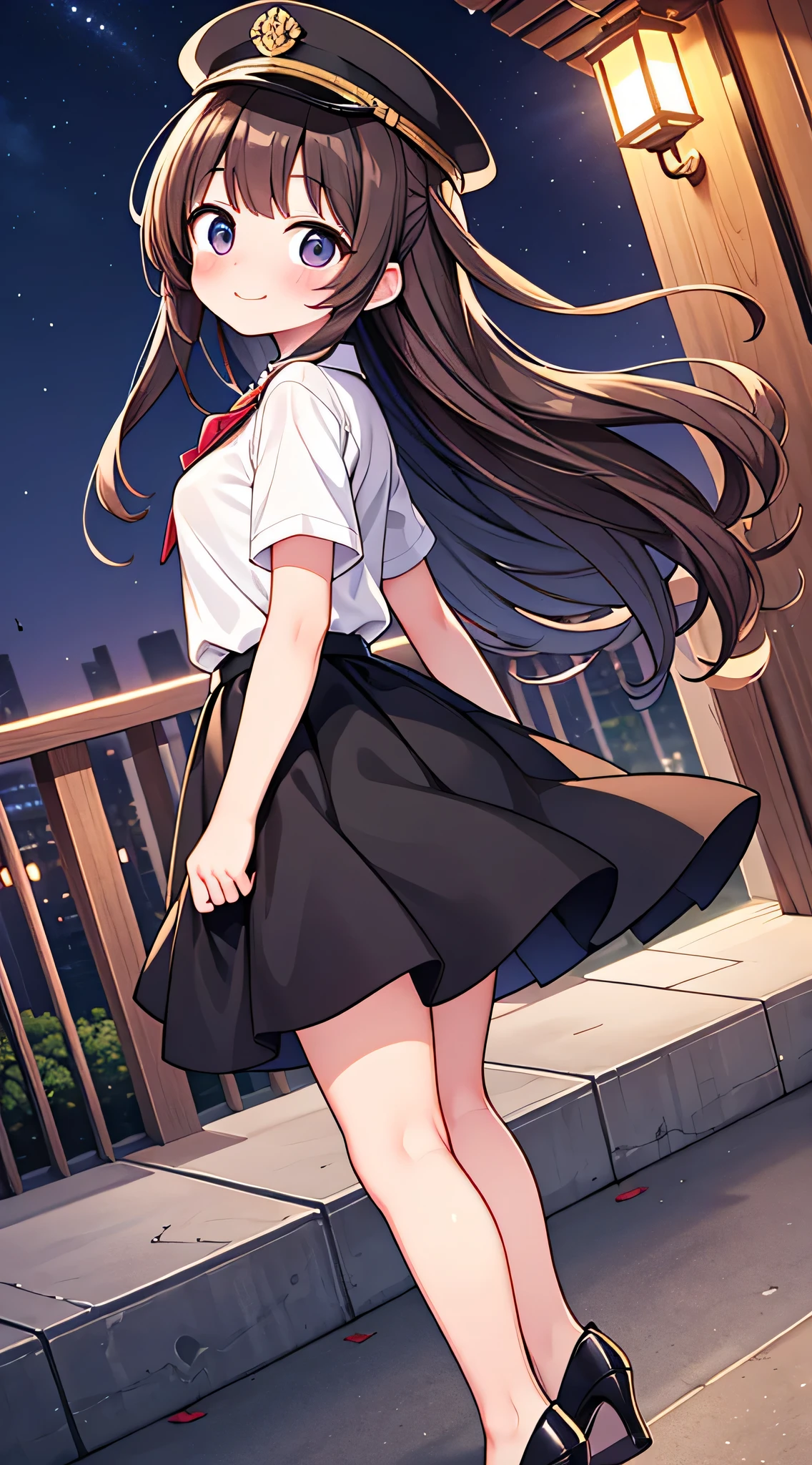 {Highest quality}, {Super beautiful},{Ultra fine},{Best illustration},Brown Hair,Hime cut,semi-long,Bangs,Standing Woman,Uniform cap,White Shirt,Short sleeve,Long black skirt,Night Park,Embarrassed,smilingly,Blushing,Slender women, A woman wearing plain black pumps,Bare feet and pumps,From an angle,From above,pose