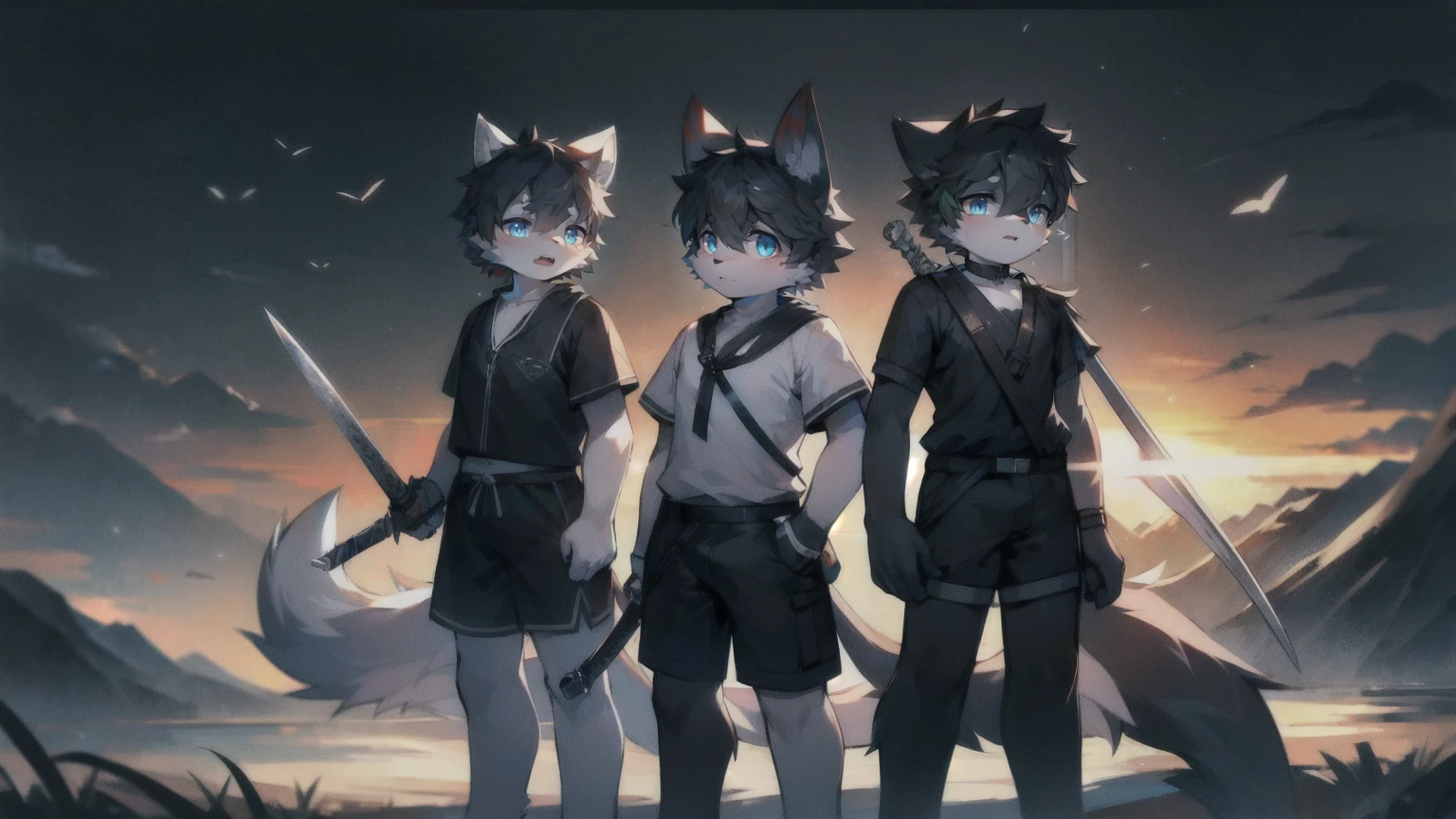 White Wolf,black hair,Sky blue eyes,hairy,Wolf ears,Wolf tail,Full body portrait,The character is in the center of the frame,Handsome,Confident eyes,male,juvenile,Black and white combat uniform,Red neck bib,Black shorts,Short sleeve,hairy arms and legs,Dark background,Dark battlefield,dawn,sunrise,dawn,illumination,shadow,Swordsman,Scabbard and sword,Hold the hilt of a sword in your hand,The scabbard is at the waist,Highest quality