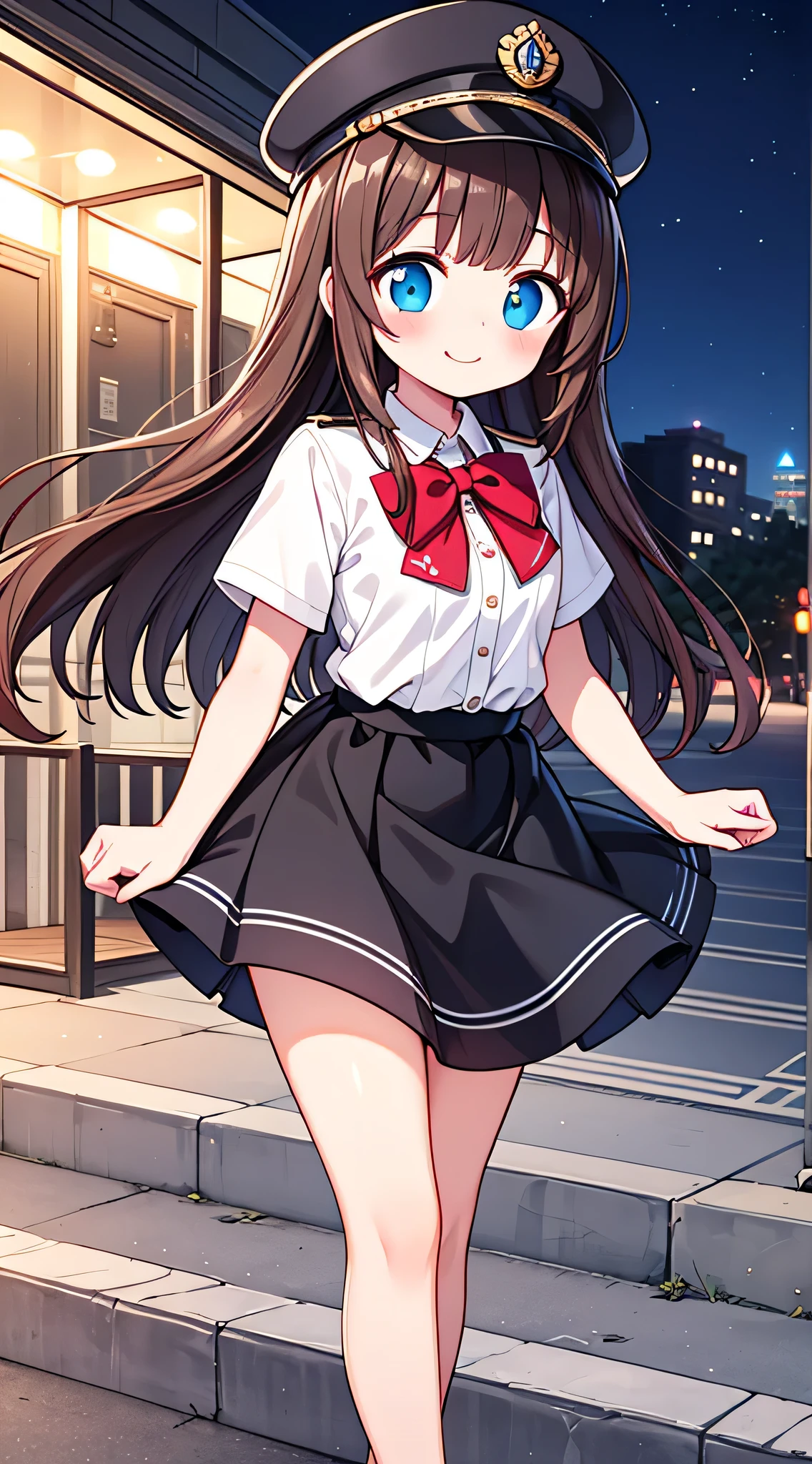 {Highest quality}, {Super beautiful},{Ultra fine},{Best illustration},Brown Hair,Hime cut,semi-long,Bangs,Standing Woman,Uniform cap,White Shirt,Short sleeve,Long black skirt,Night Park,Embarrassed,smilingly,Blushing,Slender women, A woman wearing plain black pumps,Bare feet and pumps,From an angle,From above,pose
