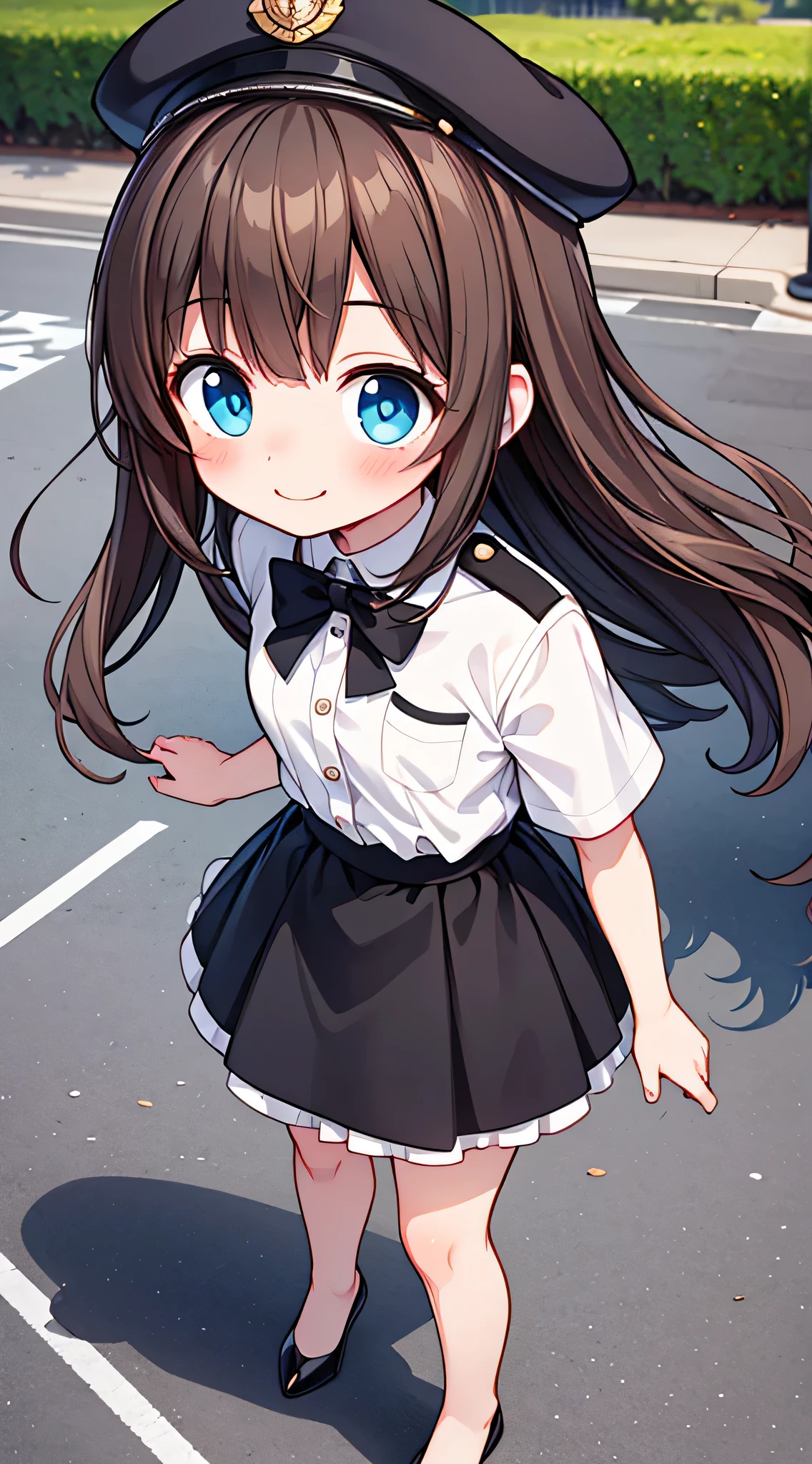 {Highest quality}, {Super beautiful},{Ultra fine},{Best illustration},Brown Hair,Hime cut,semi-long,Bangs,Standing Woman,Uniform cap,White Shirt,Short sleeve,Long black skirt,Night Park,Embarrassed,smilingly,Blushing,Slender women, A woman wearing plain black pumps,Bare feet and pumps,From an angle,From above,pose