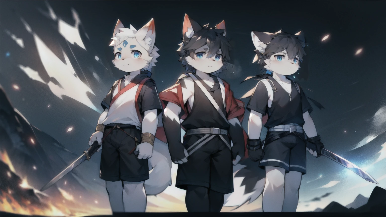 White Wolf，black hair，Sky blue eyes，hairy，Wolf ears，Wolf tail，Full body portrait，The character is in the center of the frame，Handsome，Confident eyes，male，juvenile，Black and white combat uniform，Red neck bib，Black shorts，Short sleeve，hairy arms and legs，Dark background，Dark battlefield，dawn，sunrise，dawn，illumination，shadow，Swordsman，Scabbard and sword，Hold the hilt of a sword in your hand，The scabbard is at the waist，Highest quality