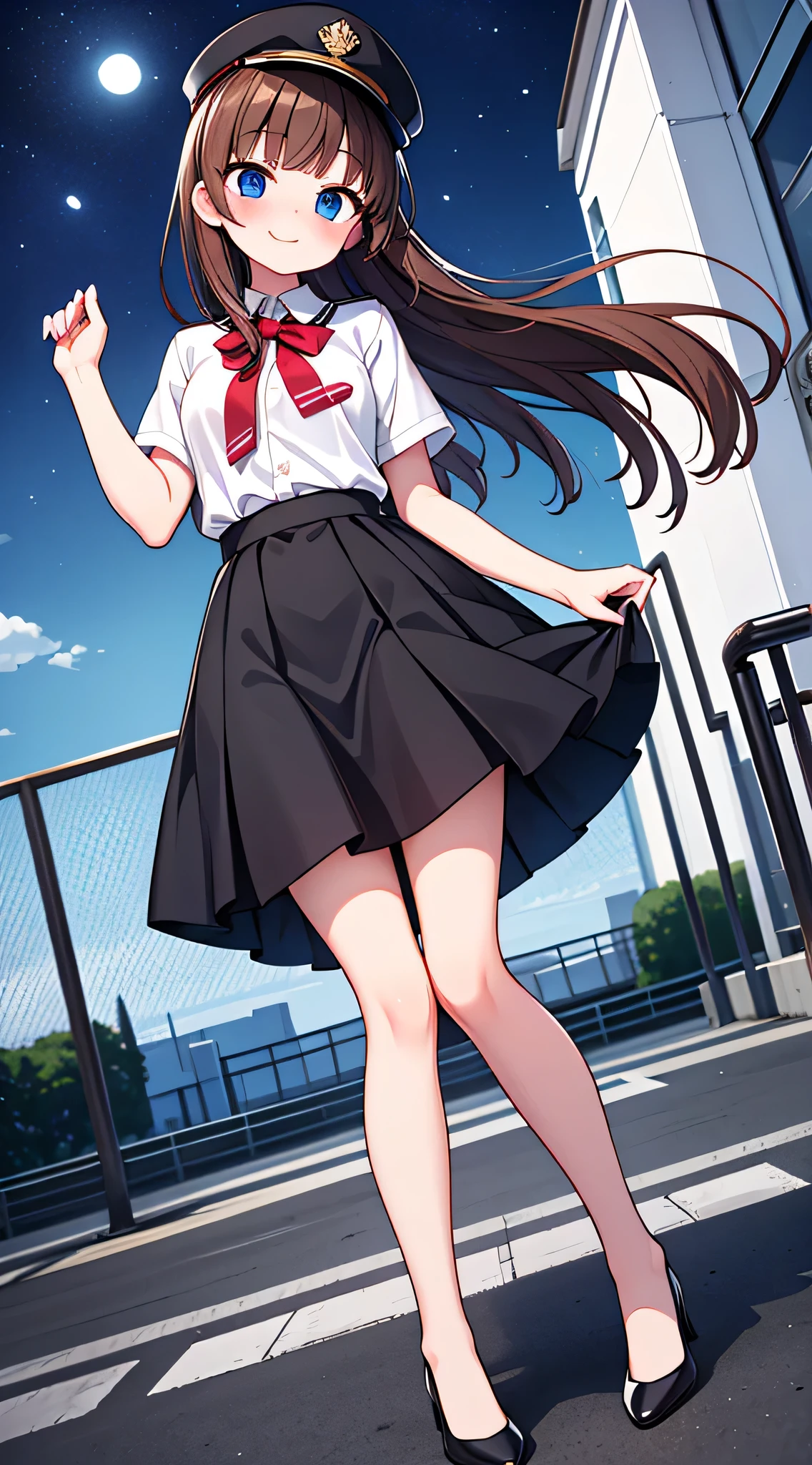 {Highest quality}, {Super beautiful},{Ultra fine},{Best illustration},Brown Hair,Hime cut,semi-long,Bangs,Standing Woman,Uniform cap,White Shirt,Short sleeve,Long black skirt,Night Park,Embarrassed,smilingly,Blushing,Slender women, A woman wearing plain black pumps,Bare feet and pumps,From an angle,From above,pose