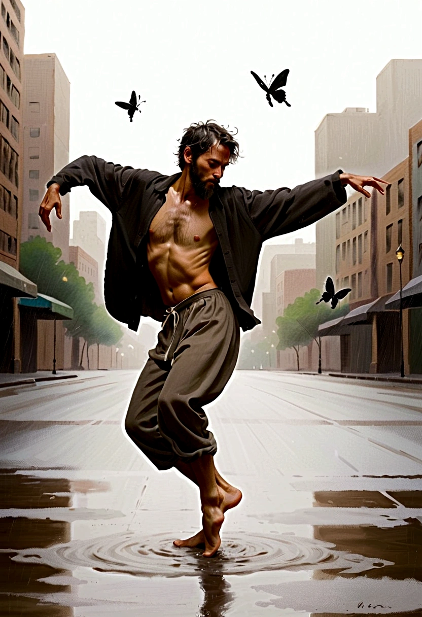 Soul Dancer Mark,A homeless man dancing alone in the rain, souls,Barefoot,Loose and worn clothes,Professional ballet movements,Butterflies chasing fingertips,Very contagious,Splash,Light and Shadow,Minimalism,artistic conception,Clean background