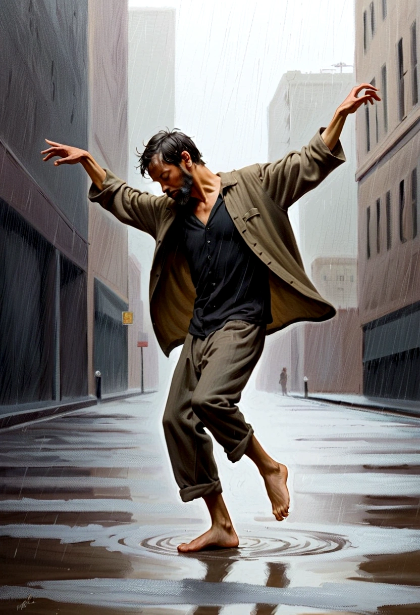 Soul Dancer Mark,A homeless man dancing alone in the rain, souls,Barefoot,Loose and worn clothes,Professional ballet movements,Butterflies chasing fingertips,Very contagious,Splash,Light and Shadow,Minimalism,artistic conception,Clean background