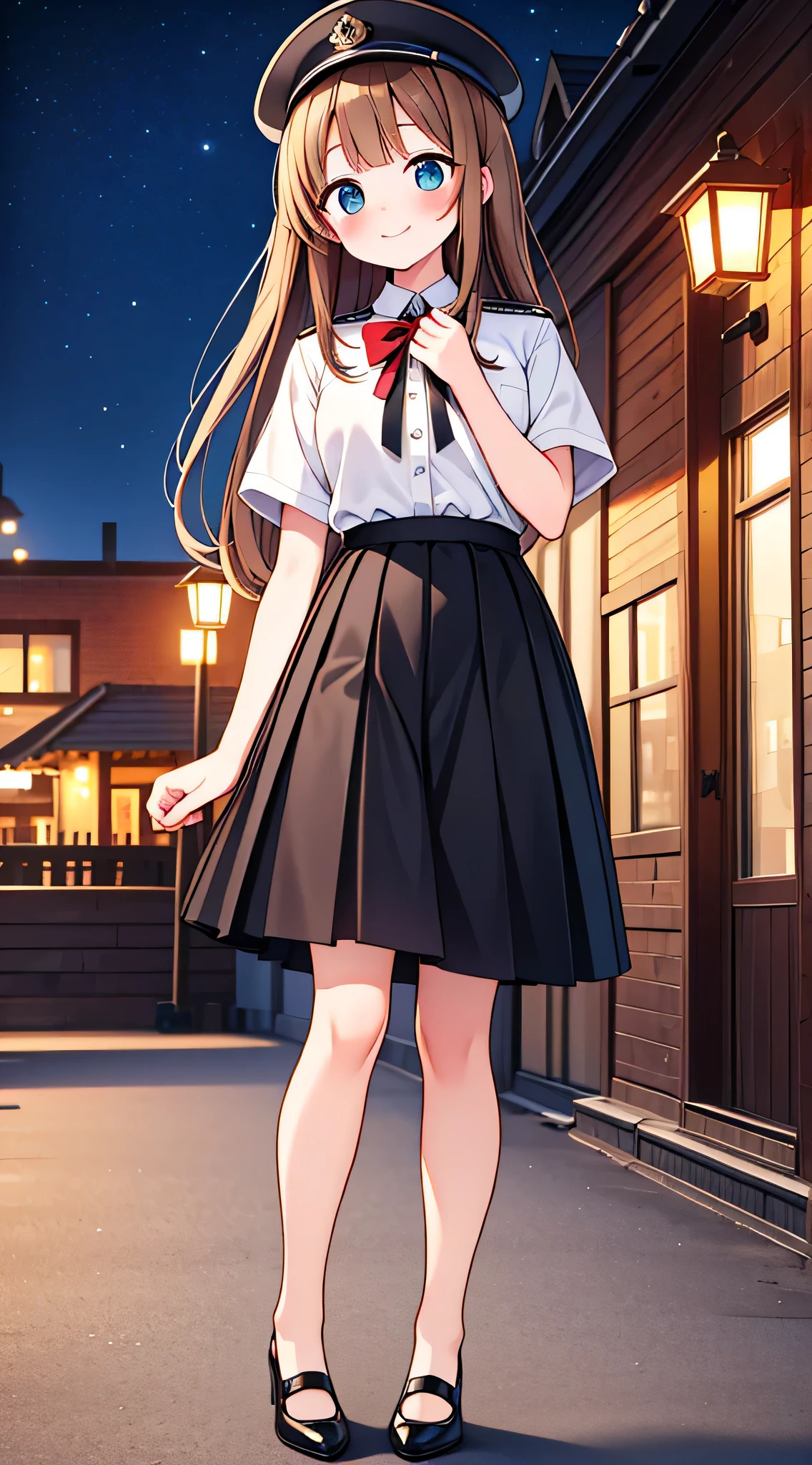 {Highest quality}, {Super beautiful},{Ultra fine},{Best illustration},Brown Hair,Hime cut,semi-long,Bangs,Standing Woman,Uniform cap,White Shirt,Short sleeve,Long black skirt,Night Park,Embarrassed,smilingly,Blushing,Slender women, A woman wearing plain black pumps,Bare feet and pumps,From an angle,From above,pose
