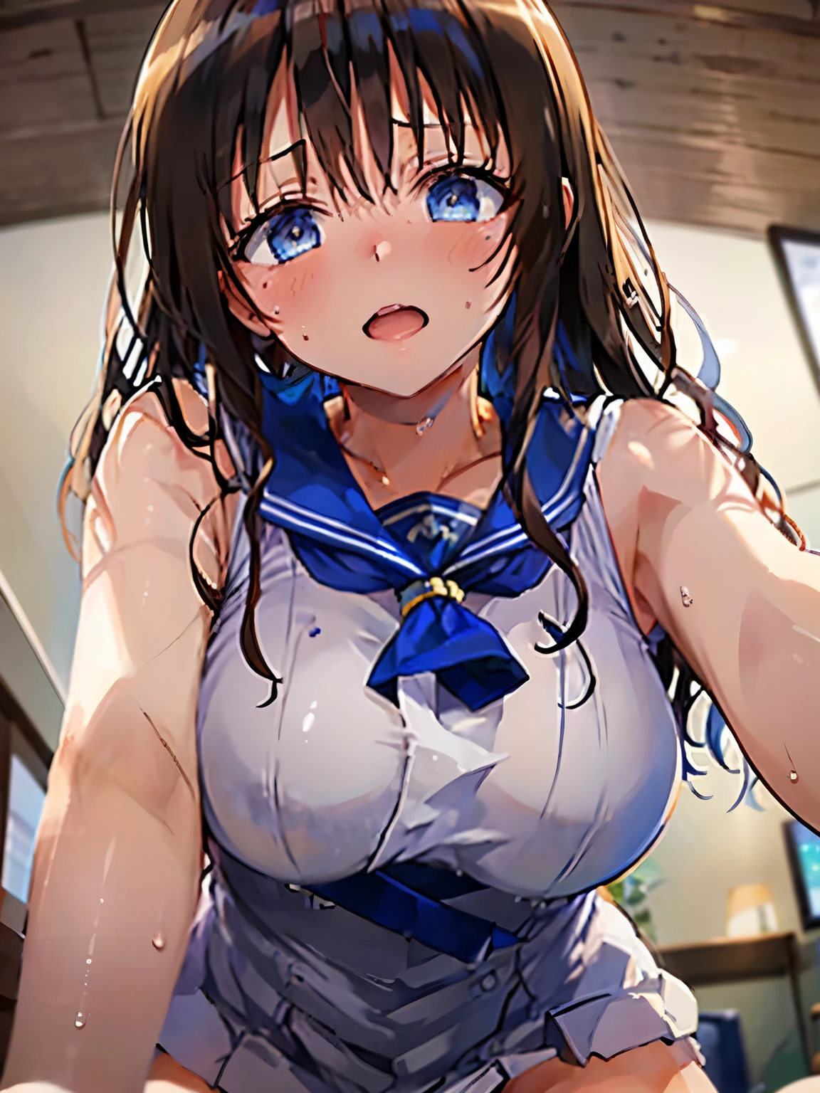 Only one woman、Sailor suit Sweaty、Beautiful feet、Big Breasts、Blue Eyes、Brown Hair、Aroused expression、Nightclub、Detained handcuffs、Lying on your back Looking from above