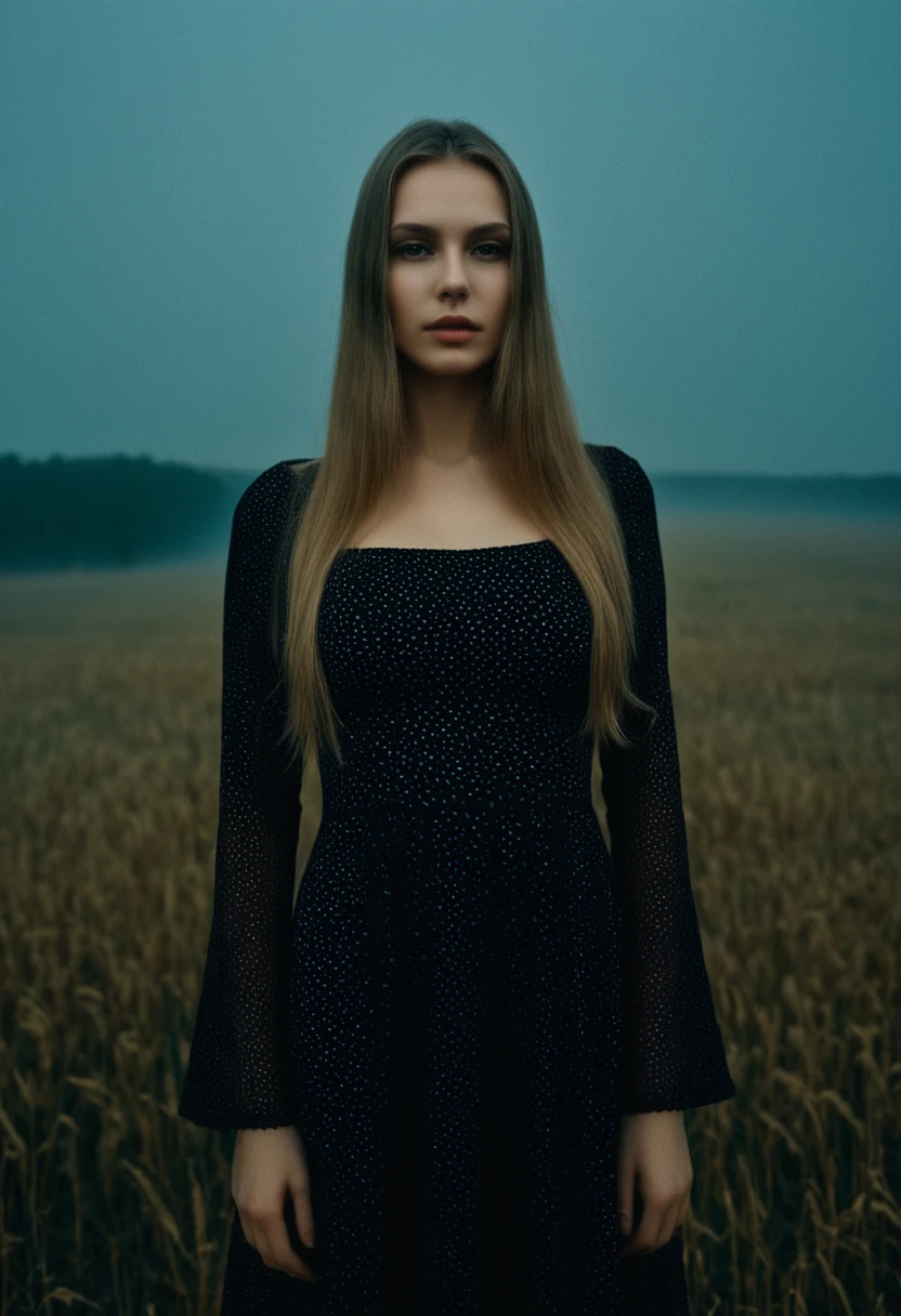 "memories are the water of life" (Misterious mood Soft Lighting Photography), stunning medium format analog photo, TWbabeXL01 beautiful (woman), A beautiful ((evil slavic woman)), pale skin, long dark blond hair, dynamic model pose, over the shoulde wide view, black over black background, highly detailed, detailed realistic photography, masterpiece half-body photo, finely detailed skin, emotional, professional color grading, epiCPhoto, OverallDetailXL analog grain, Fujifilm Astia, low contrast, OverallDetailXL, dark fantasy, photo dress that has the patterns of burning fire, standing in a foggy field, liminal lighting, dslr, detailed quality, face covered by dark veil 