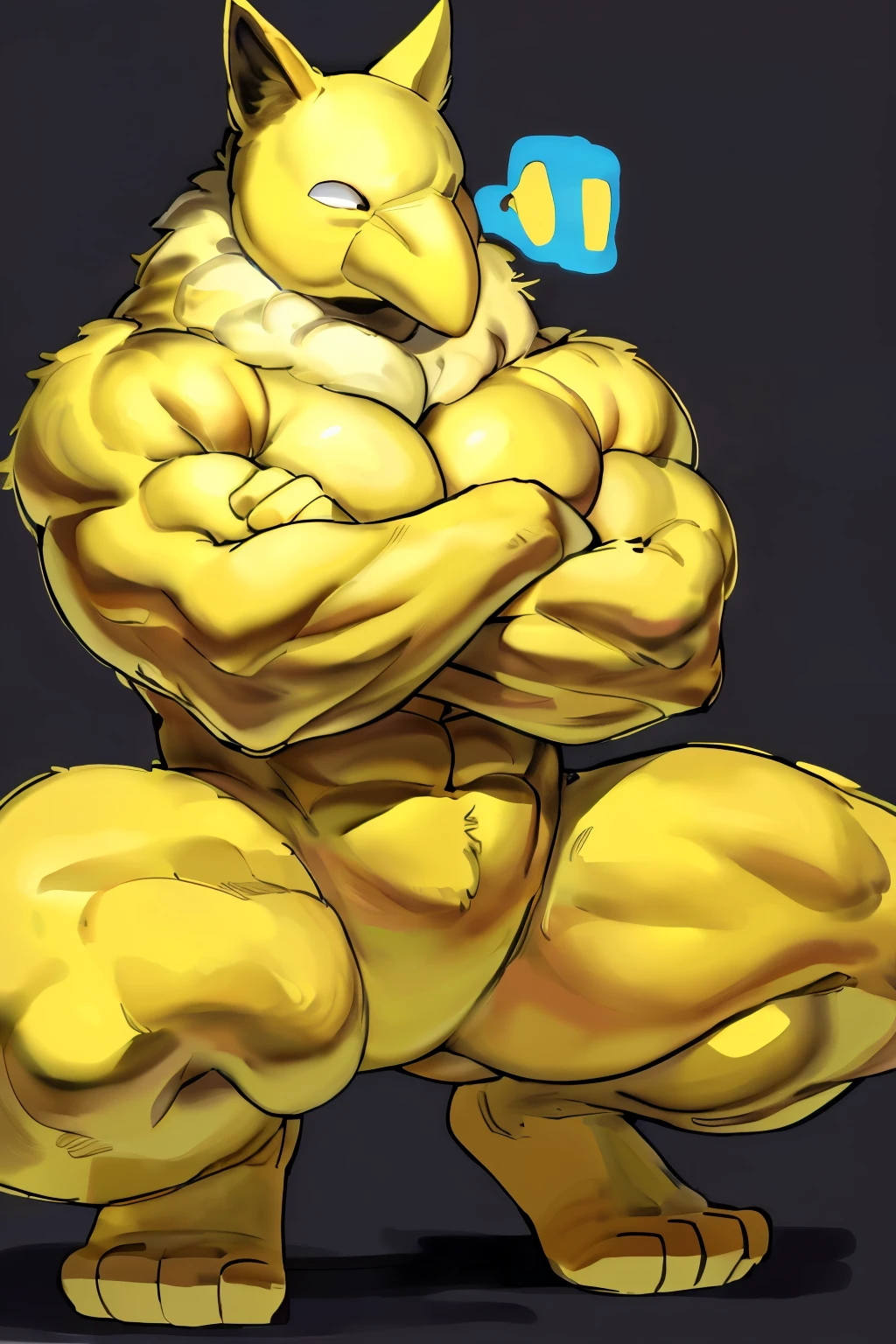 Furry, Anthro, solo, Hypno, Male, (((muscular body, massive thighs, massive male pectorals, fluffy neck, wide-eyed, confused, crossed arms, crouching))), ((((massive biceps)))), ((((((massive bulky torso)))))), naked, black/yellow spraypainted background, by buta99, by meesh, (((digital painting)))