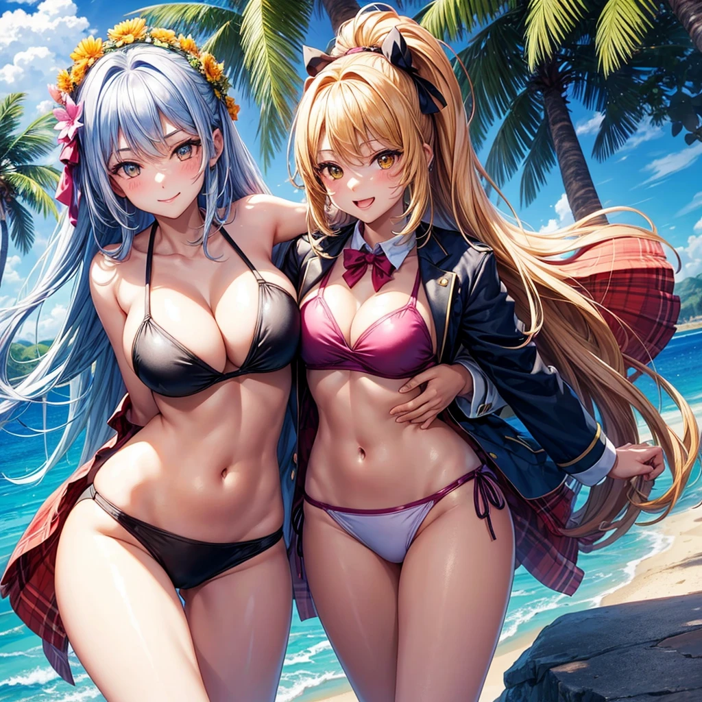 Best Quality，，smile，blazer，middle School girls，Beautiful girl,Swimwear,bikini,Several girls are depicted，Harem，Idol Group，photo shoot，Long Hair，Highest quality，Big Breasts，Happy girl,Horny girl，Yellow Eyes，Perfect Face，Standing posture,Girls hugging each other，She has her bangs down，Beautiful Eyes,Ocean,Girls hugging each other,Smooth hair，Angel girl，Multi-colored hair，Naughty Girls，Beautiful girls，beautiful girl，loose socks