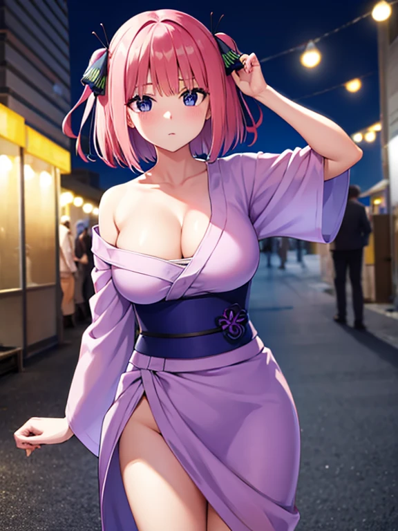 Photo taken at a festival at night,Photograph the whole body,Short Hair, Bangs, Blue Eyes, Hair Ornaments, Hair Ribbon, Pink Hair, Blunt Bangs, Both sides up, Butterfly Hair Ornament,Big Breasts,Cleavage,Purple yukata