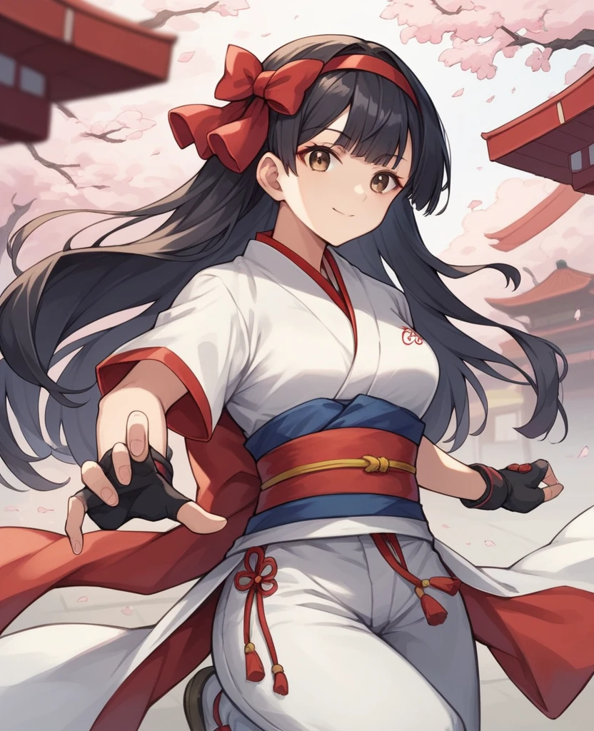 masterpiece, best quality,1girl, solo, nakorurums, red bow, bow, long hair, hair bow, ainu clothes, solo, hairband, black hair, fingerless gloves, short sleeves, gloves, sash, bangs, red hairband, breasts, brown eyes, white pants, japanese clothes, masterpiece, light smile, (illustration: 1.5), running toward viewer