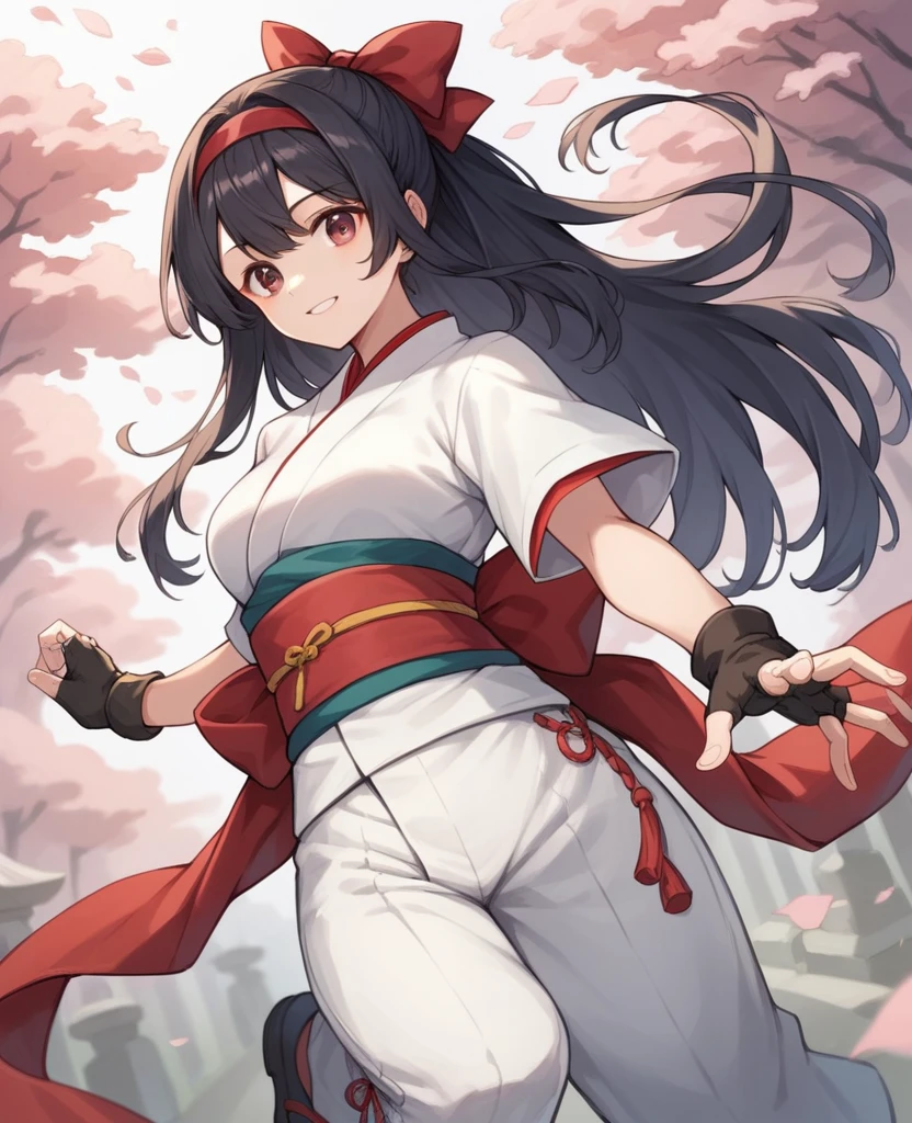 masterpiece, best quality,1girl, solo, nakorurums, red bow, bow, long hair, hair bow, ainu clothes, solo, hairband, black hair, fingerless gloves, short sleeves, gloves, sash, bangs, red hairband, breasts, brown eyes, white pants, japanese clothes, masterpiece, light smile, (illustration: 1.5), running toward viewer