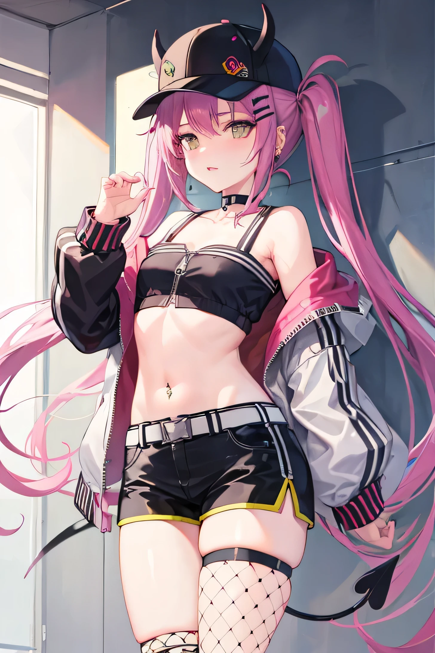 ,aatowa, long hair, twintails, black headwear, baseball cap, fake horns, hairclip, piercing, demon tail, black choker, off shoulder, cropped jacket, white jacket, long sleeves, midriff, belt, black shorts, short shorts, single thighhigh, fishnets