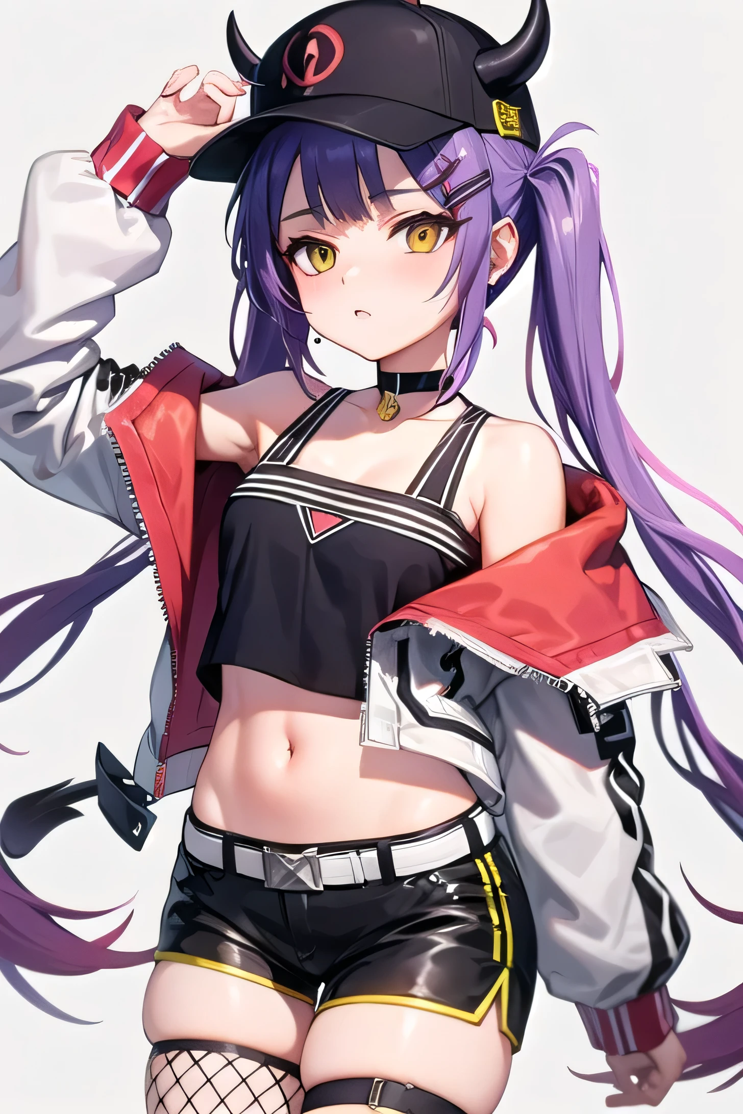 ,aatowa, long hair, twintails, black headwear, baseball cap, fake horns, hairclip, piercing, demon tail, black choker, off shoulder, cropped jacket, white jacket, long sleeves, midriff, belt, black shorts, short shorts, single thighhigh, fishnets