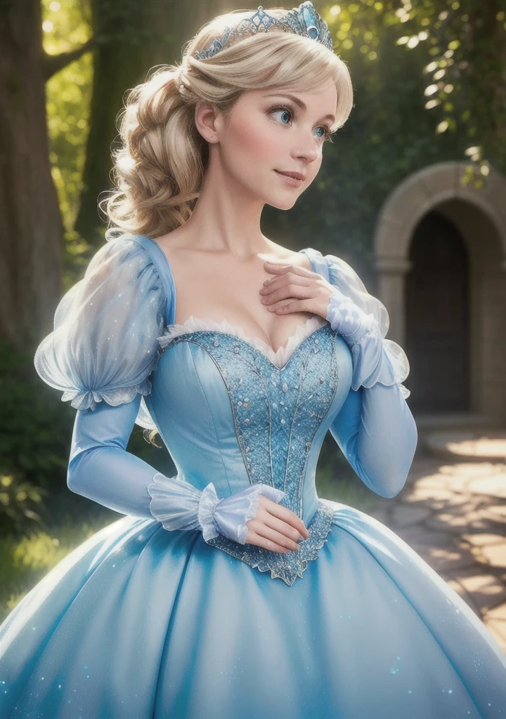 Dappled Light, photo portrait of the  Cinderella (Cinderella): Cinderella's iconic blue ball gown, glass slippers, and fairy tale transformation make her a classic choice for Disney princess cosplay., colorful, realistic round eyes, dreamy magical atmosphere, superheroine costume, (skin texture) (film grain), (warm hue, warm tone:1.2), close up, cinematic light, sidelighting