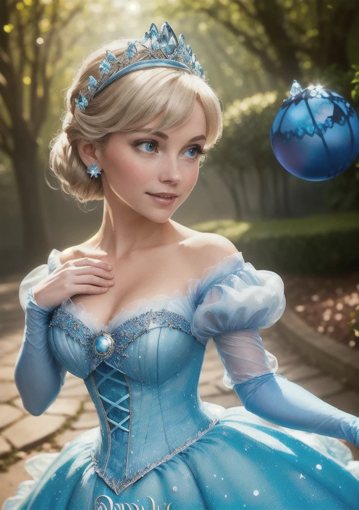Dappled Light, photo portrait of the Cinderella (Cinderella): Cinderella's iconic blue ball gown, glass slippers, and fairy tale transformation make her a classic choice for Disney princess cosplay., colorful, realistic round eyes, dreamy magical atmosphere, superheroine costume, (skin texture) (film grain), (warm hue, warm tone:1.2), close up, cinematic light, sidelighting