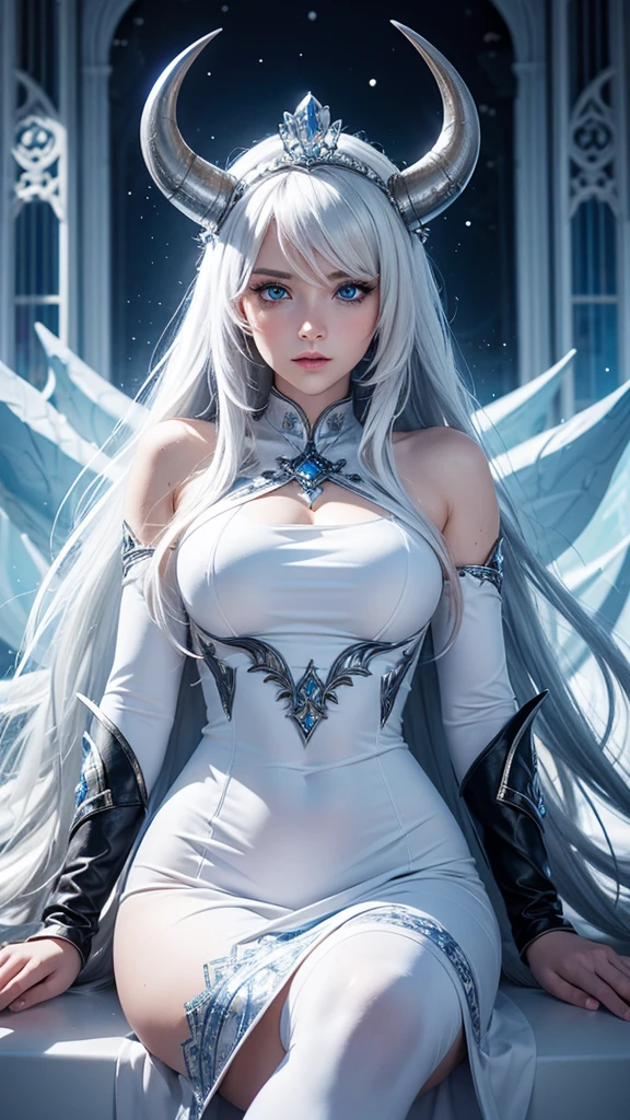 Best quality, cinematic image, detailed image, fantasy, detailed face, detailed beautiful blue eyes, ice goddess, Queen of Winter, horns, Throne room, сидит на троне с властным видом, everything is in ice, белая кожа, Very long white hair, bodycon white dress, Beautiful woman, high, cold look 