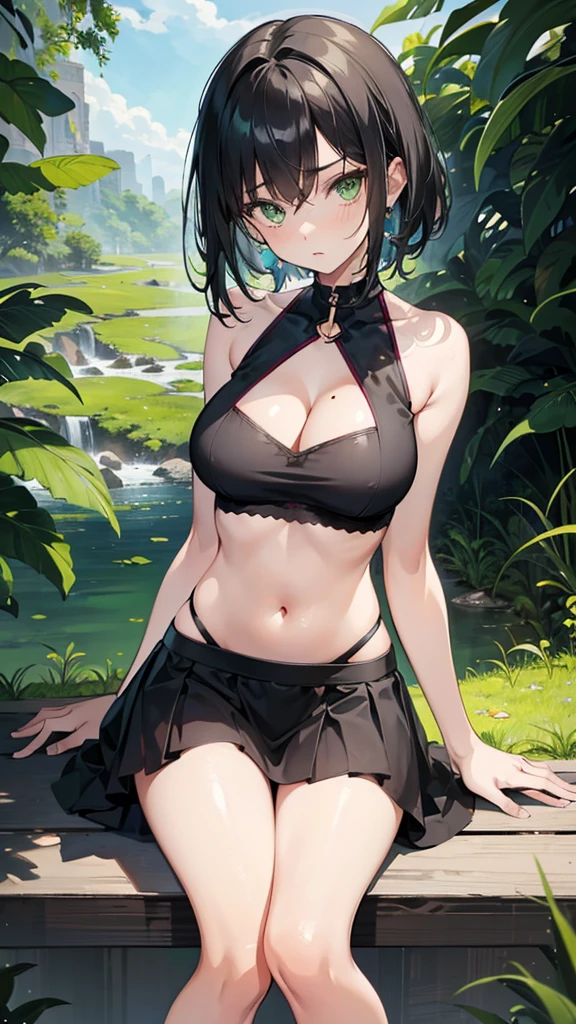 Young girl, skinny, narrow waist, large breasts, straight black hair, green eyes, freckles, halter top, sleeveless, cleavage, crop top, black miniskirt, panty peek, pantyshot, sitting, parted lips, looking at viewer, spaghetti straps