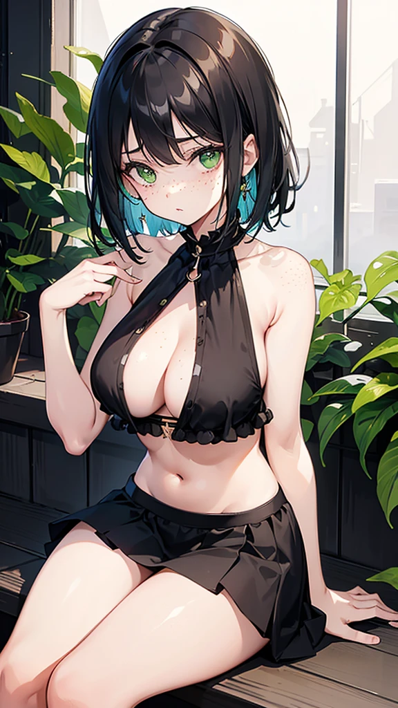 Young girl, skinny, narrow waist, large breasts, straight black hair, green eyes, freckles, halter top, sleeveless, cleavage, crop top, black miniskirt, panty peek, pantyshot, sitting, parted lips, looking at viewer, spaghetti straps