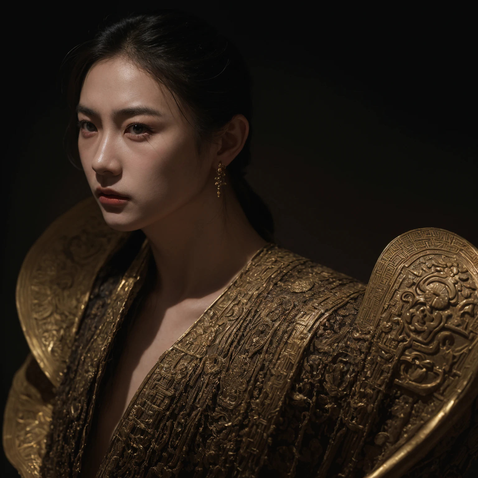 a chinese rebel leader, solo portrait, detailed face and expression, heroic pose, oil painting, dramatic lighting, chiaroscuro, muted colors, muscular build, intense gaze, determined expression, ornate costume, historical setting, cinematic composition, intricate details, dynamic brushstrokes, masterpiece, photorealistic, 8k