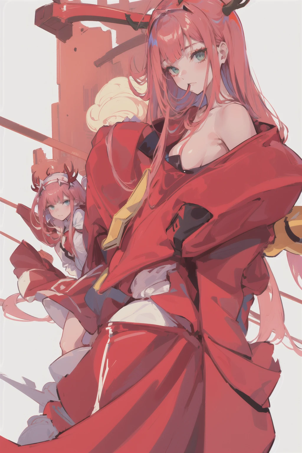 zero two \(Dear not Franxx\), Dear not Franxx, 1 girl, bangss, Biting in, from behind, lying down, bed-in, ombre, greeneyes, antlers, long hair, gazing at viewer, breasts small, big-ass, make up, Red Jumpsuit, pink hair, red eyeombre, stretched skin, standing alone