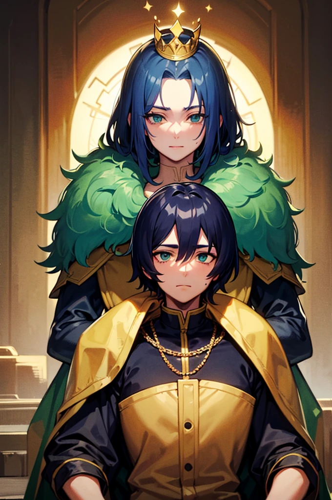 A man with dark blue hair, green eyes, He is 40 years old, is older. He wears a crown and is on a throne