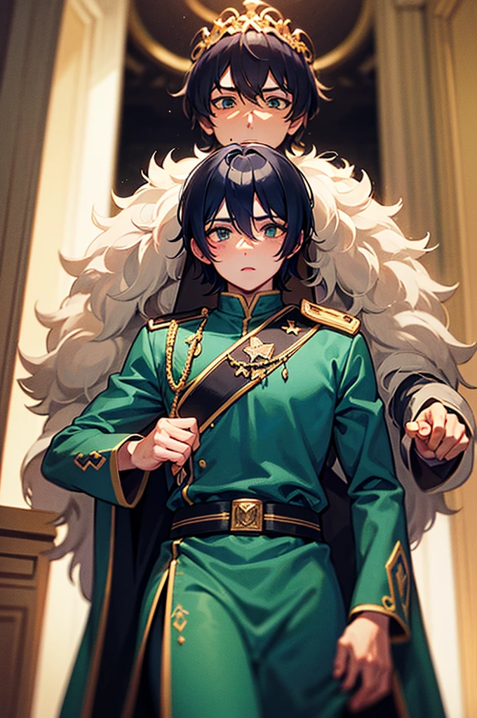 A man with dark blue hair, green eyes, He is 40 years old, is older. He wears a crown and is on a throne