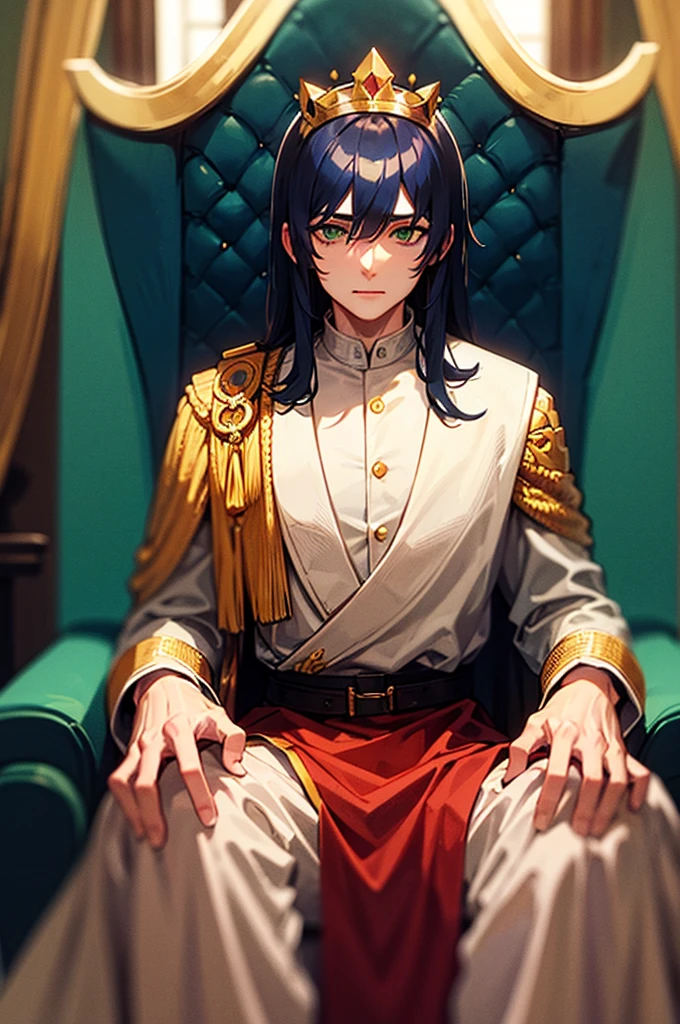 A man with dark blue hair, green eyes, He is 40 years old, is older. He wears a crown and is on a throne