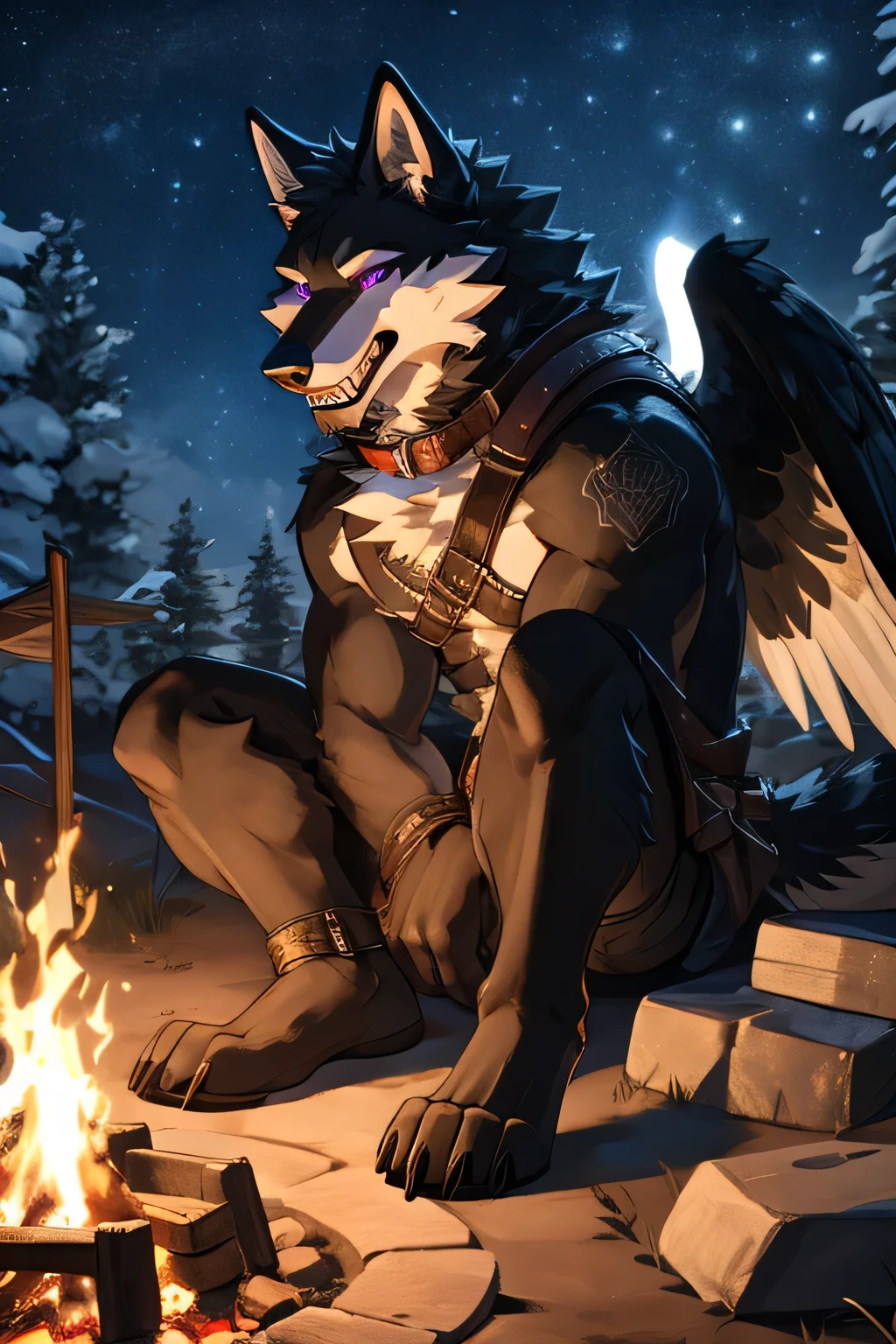 a Black wolf with purple eyes and sharp, long teeth sitting by a campfire. and a collar around his neck that has "Angel" engraved on it.