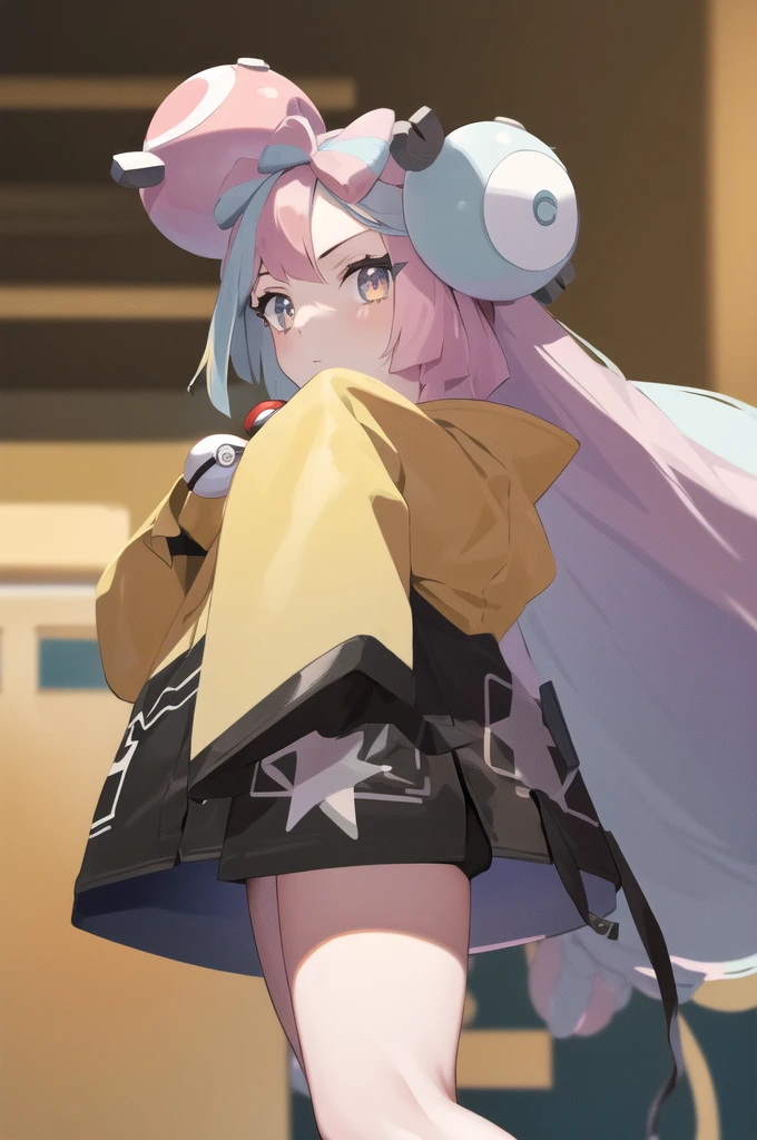 masterpiece, best quality, highres, iono1, 1girl, long hair, hair ornament, long sleeves, cowboy shot, (holding poke_ball), poke ball \(basic\),