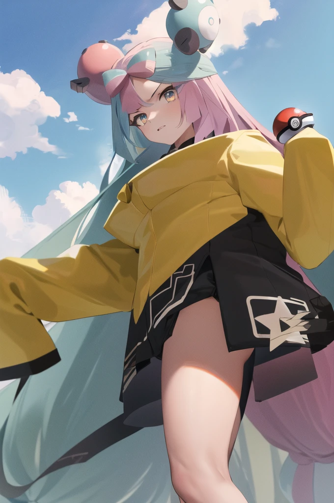masterpiece, best quality, highres, iono1, 1girl, long hair, hair ornament, long sleeves, cowboy shot, (holding poke_ball), poke ball \(basic\),