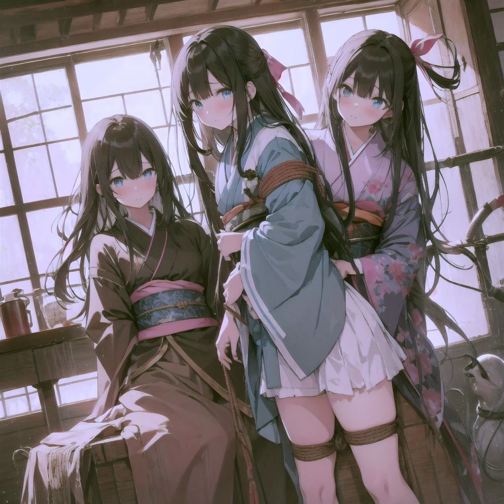 masterpiece, Highest quality,One girl,Single Blade,Black Hair,Long Hair,blue eyes,kimono,Short sleeve,blue short kimono,Pink ribbon,sash,Torn clothes blush,My tooth was damaged,embrrassed,Make a frown,tears,Hollow Eyes,Irritation,The body is slim,Small breasts,Sweat,Suppressed,Put your arms behind your head,Raise the hand,bound,Lock,Locked,defeat,Bondage,Imminent Rape,rope,shibari,Cowboy Shot,handcuffs,bondage,indoor,Japanese style wooden room_horse,rubbing the crotch,torture,heavy,breathe,trembling,From below, masterpiece, Highest quality, High resolution,