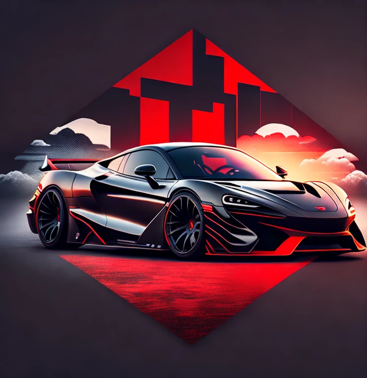 Art for t-shirt graphic design, a modern graphic design, classic black with red roof McLAREN 720S GT3, ((carbon fiber, Kit de corpo ultra largo Liberty walk)), Aggressive pose ((fund: outside old industrial style building, large windows in fund, cloudy sky, heavy industrial look, cobble stone Street)), 8 k quality, realisitic, 真实感, Spitz, detailded, ultralargo, black and carbon fiber and deep candy colour scheme, frontal profile, epic stance, Epic Ultra Long Body Kit, super low posture, aggressive looks , Street, bold red, fund British flag in vintage pastel tone, highly detailded clean, vector image, realisitic masterpiece, professional photograpy, realisitic car, car sunrise fund, flat black fund, isometric, vibrant vector