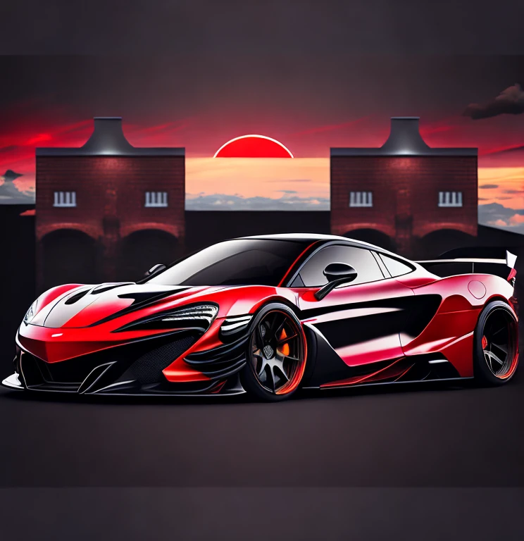 Art for t-shirt graphic design, a modern graphic design, classic black with red roof McLAREN 720S GT3, ((carbon fiber, Kit de corpo ultra largo Liberty walk)), Aggressive pose ((fund: outside old industrial style building, large windows in fund, cloudy sky, heavy industrial look, cobble stone Street)), 8 k quality, realisitic, 真实感, Spitz, detailded, ultralargo, black and carbon fiber and deep candy colour scheme, frontal profile, epic stance, Epic Ultra Long Body Kit, super low posture, aggressive looks , Street, bold red, fund British flag in vintage pastel tone, highly detailded clean, vector image, realisitic masterpiece, professional photograpy, realisitic car, car sunrise fund, flat black fund, isometric, vibrant vector