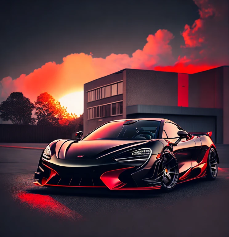 Art for t-shirt graphic design, a modern graphic design, classic black with red roof McLAREN 720S GT3, ((carbon fiber, Kit de corpo ultra largo Liberty walk)), Aggressive pose ((fund: outside old industrial style building, large windows in fund, cloudy sky, heavy industrial look, cobble stone Street)), 8 k quality, realisitic, 真实感, Spitz, detailded, ultralargo, black and carbon fiber and deep candy colour scheme, frontal profile, epic stance, Epic Ultra Long Body Kit, super low posture, aggressive looks , Street, bold red, fund British flag in vintage pastel tone, highly detailded clean, vector image, realisitic masterpiece, professional photograpy, realisitic car, car sunrise fund, flat black fund, isometric, vibrant vector