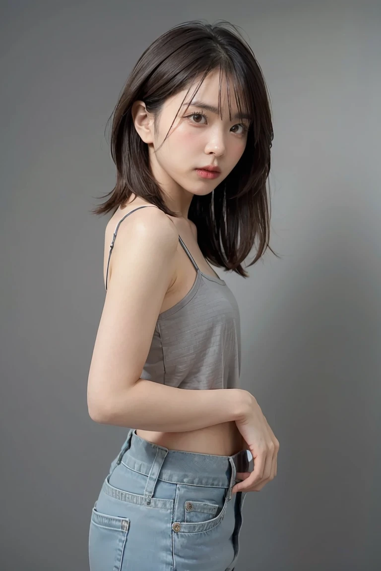 1girl, black hair, white camisole, jeans, (isolated on dark-grey background:1.2), dynamic pose, (low key lighting:1.2), shot on Canon EOS 5D, , best quality, ultra high res, (photorealistic:1.4), masterpiece, real life skin, hyper real, Depth of field, perspective, detailed beautiful eyes and detailed face,