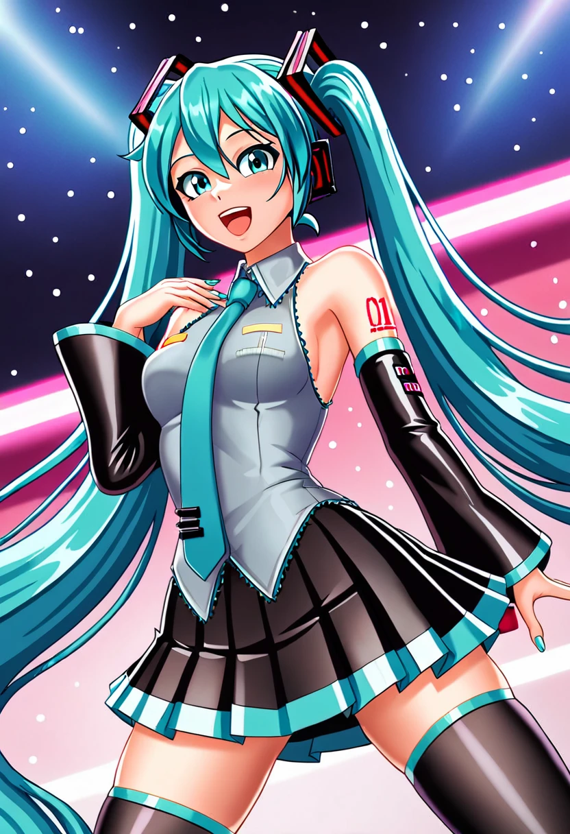 ((high quality:1.2)), 8k, extremely detailed, ((High detail:1.2)), source_anime, (Hatsune Miku), a girl with 18 years old, ((slut bitch clothes)),