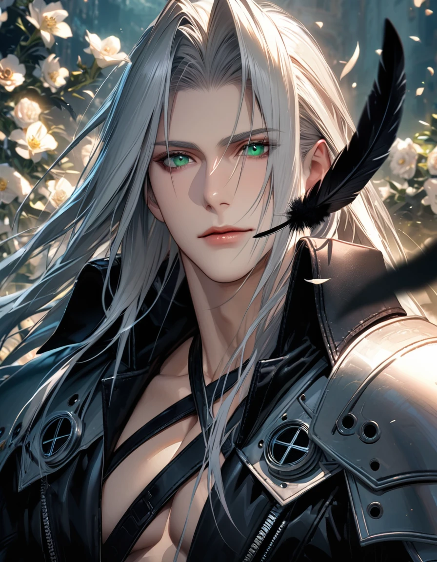 Ultra detailed, Highres, absurdres, HDR, Sephiroth, green eyes, silver hair, Final Fantasy VII Remake, handsome, 1 man only, very detailed face and eyes, flowers and petals, black feathers,
