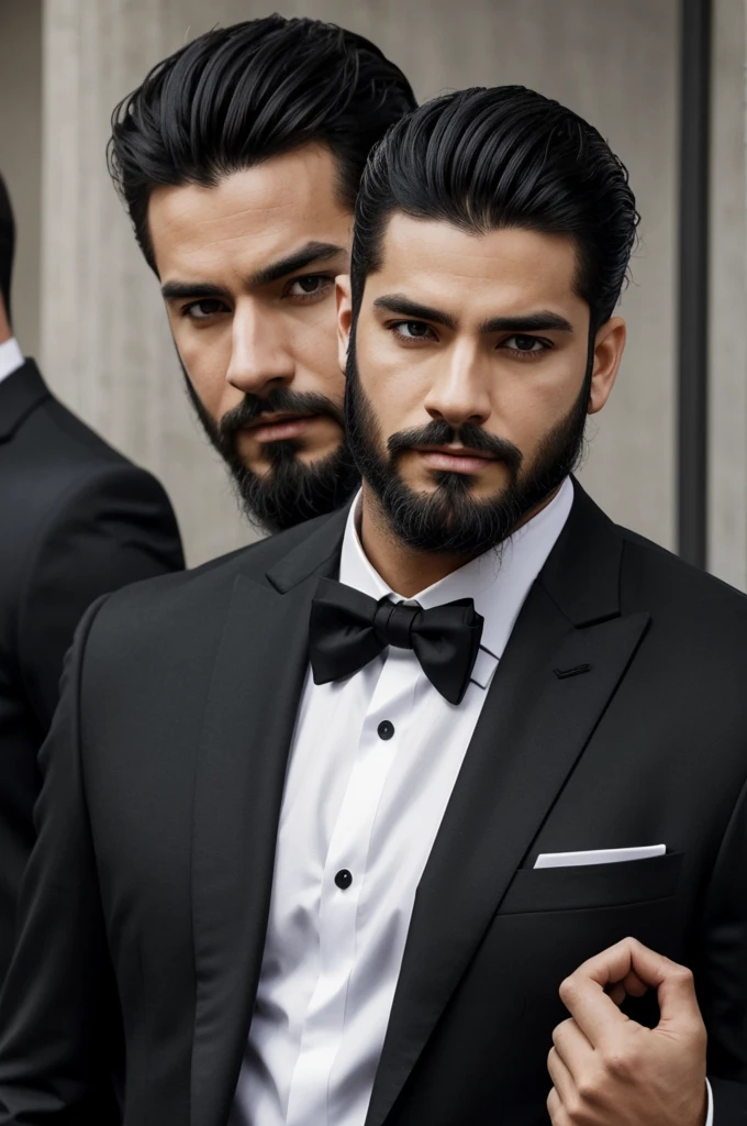 ANDstilo anime
Tiene el cabello oscuro y desordenado, and wears a black formal suit with a white shirt and a black tie. ANDl cuello de la camisa está ligeramente arrugado, and there is shading around the neck area suggesting beard or facial hair on the lower face, although you can't see it clearly. AND