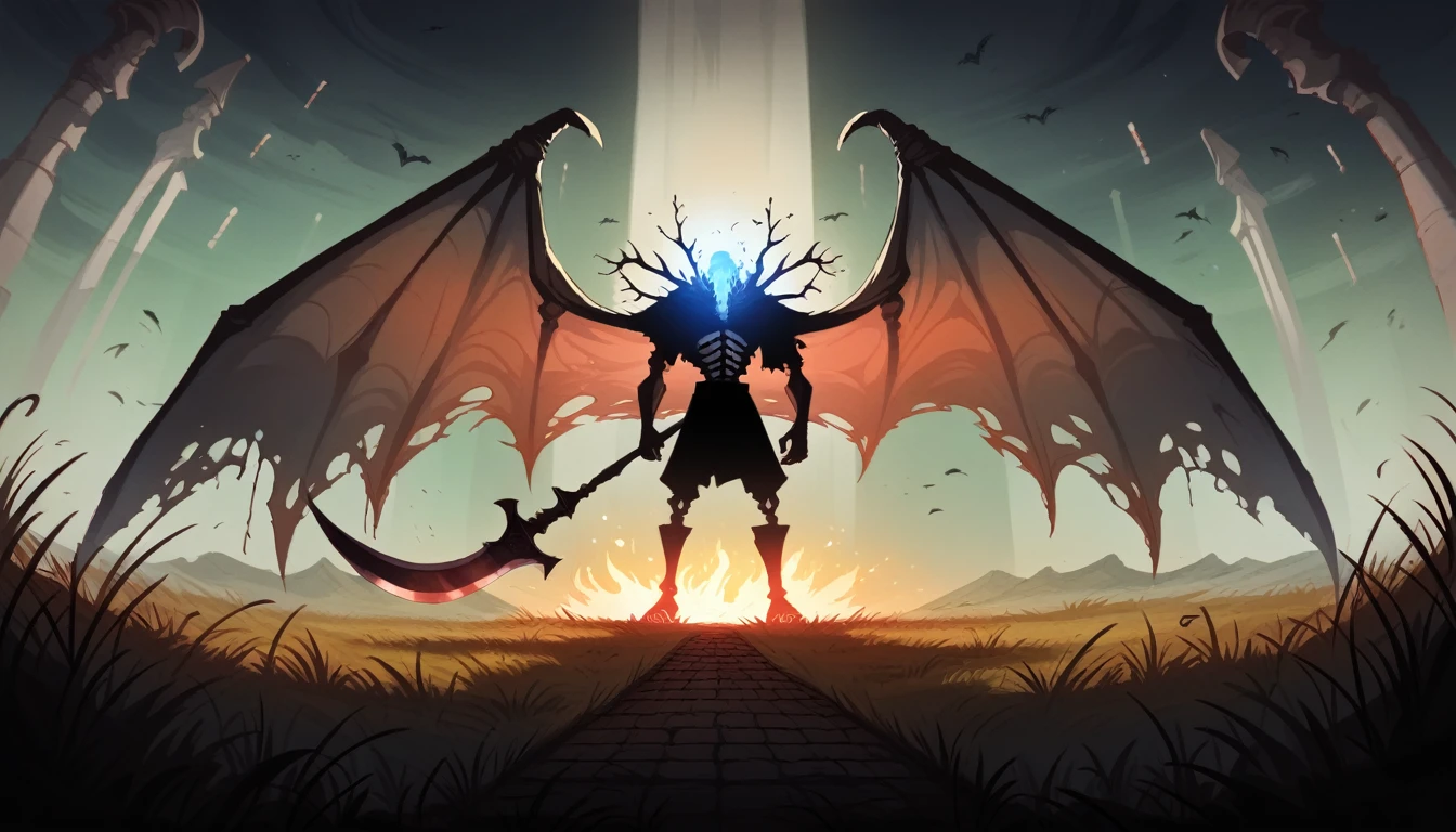 dark fantasy aestetics, dark night, dim light, huge wings made of grey and blue fire, death reaper, black cloak, skeleton covered in grey fire, horrifing beauty, standing with the scythe, big grass field on the background, dark fantasy, horror, dnd, atmospheric perspective, perspective, wide shot, 4K, 8k, highres, high quality, masterpiece, best quality