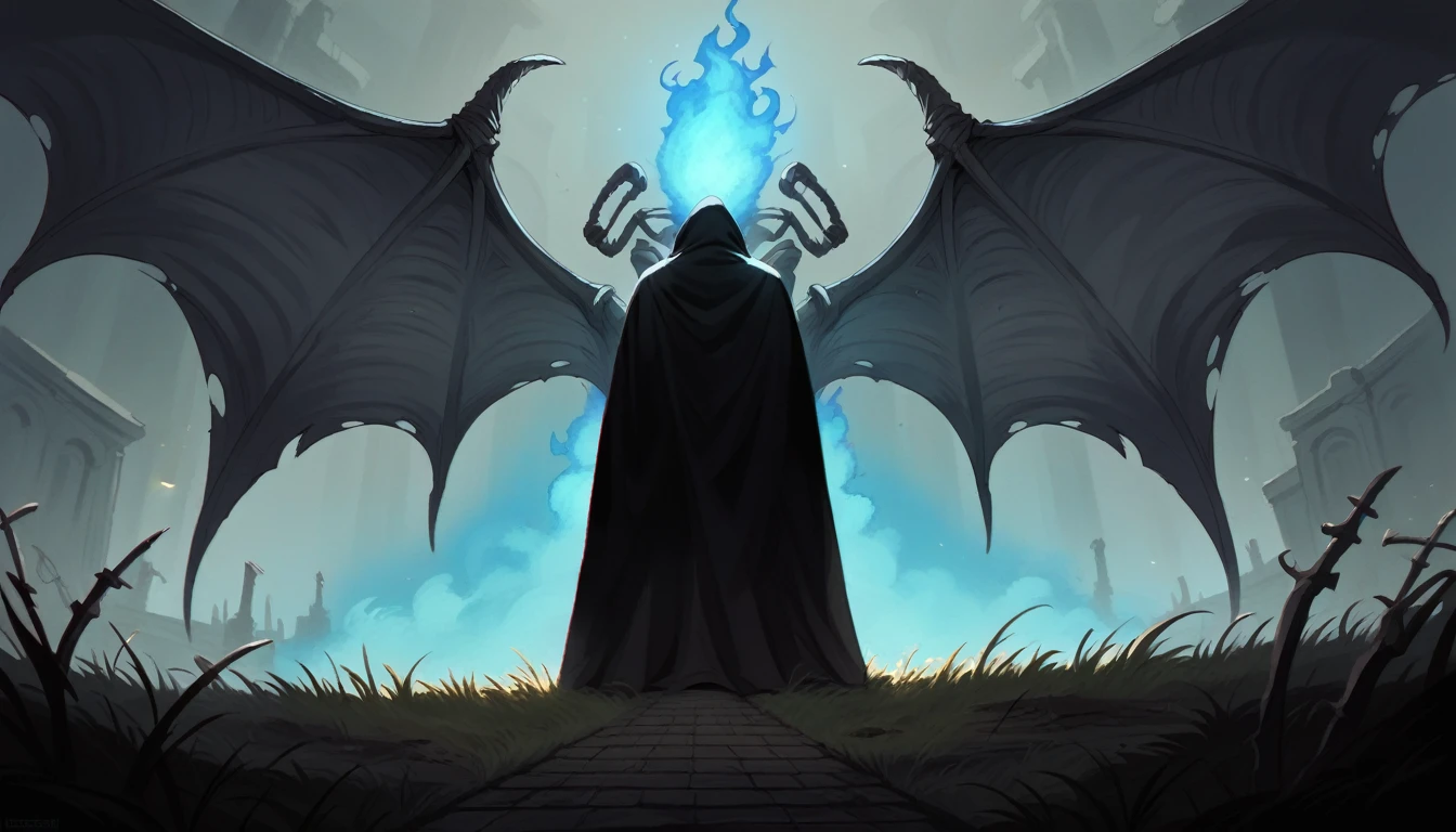 dark fantasy aestetics, dark night, dim light, huge wings made of grey and blue fire, death reaper, black cloak, skeleton covered in grey fire, horrifing beauty, standing with the scythe, big grass field on the background, dark fantasy, horror, dnd, atmospheric perspective, perspective, wide shot, 4K, 8k, highres, high quality, masterpiece, best quality