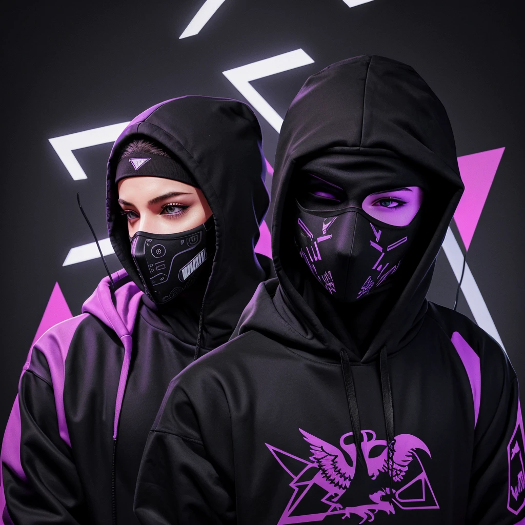 Vector illustration, Minimalism, number, vaporwave style, Beautiful and meticulous illustrations, A little more purple，
Wearing a black crow pattern hoodie，Hacker working in front wearing mask, T-shirt design, dramatic lighting, Trends on ArtStation, Award-winning, Icons are very detailed with hacker mask