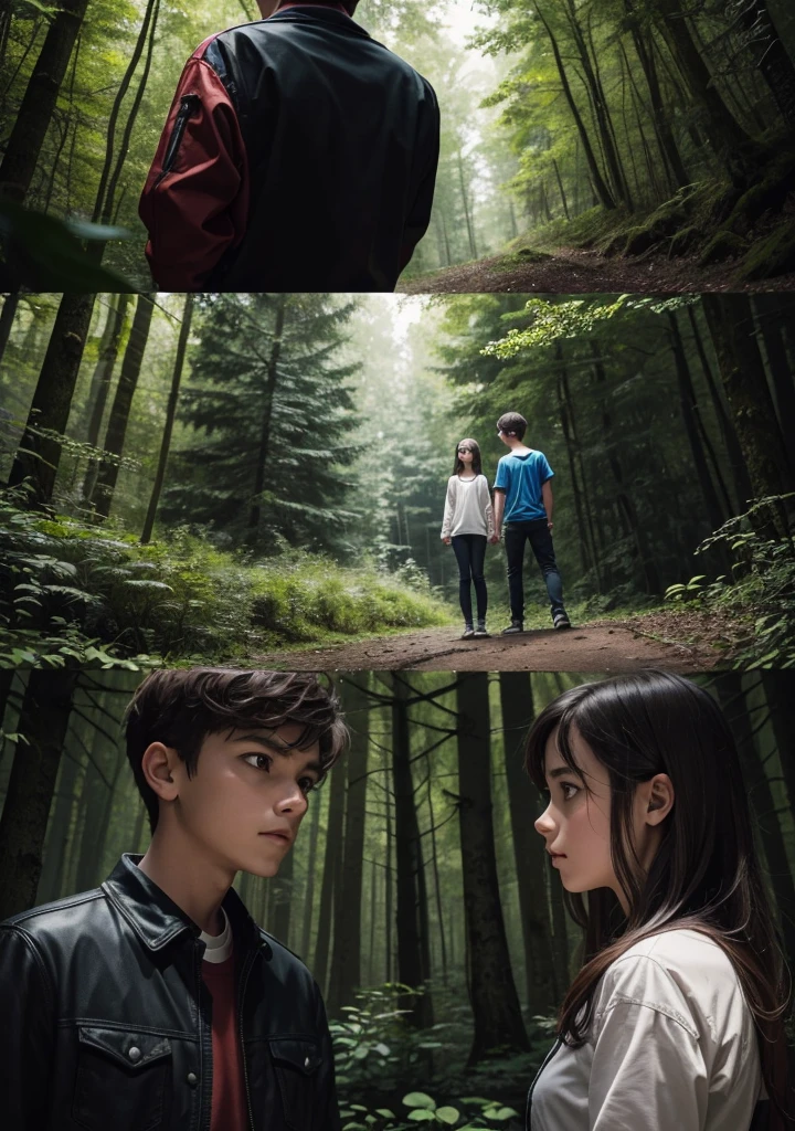 Create a photographic scene of two young people, the boy and the girl at closer angles, feeling somewhat afraid because they feel that they are being watched in the dense, dark forest. General Plan Image and bright colors.