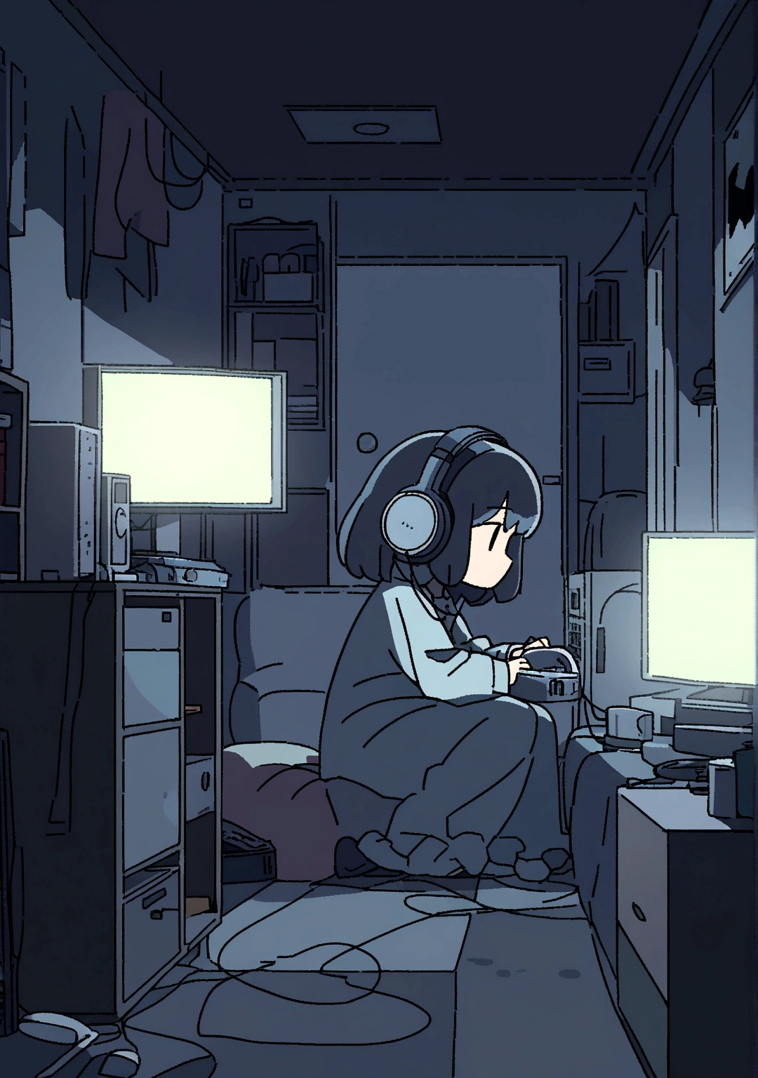 night、Girl listening to music in a cozy room, Using headphones, 2D-style animation, Lo-Fi, hard disk, Dark Environment