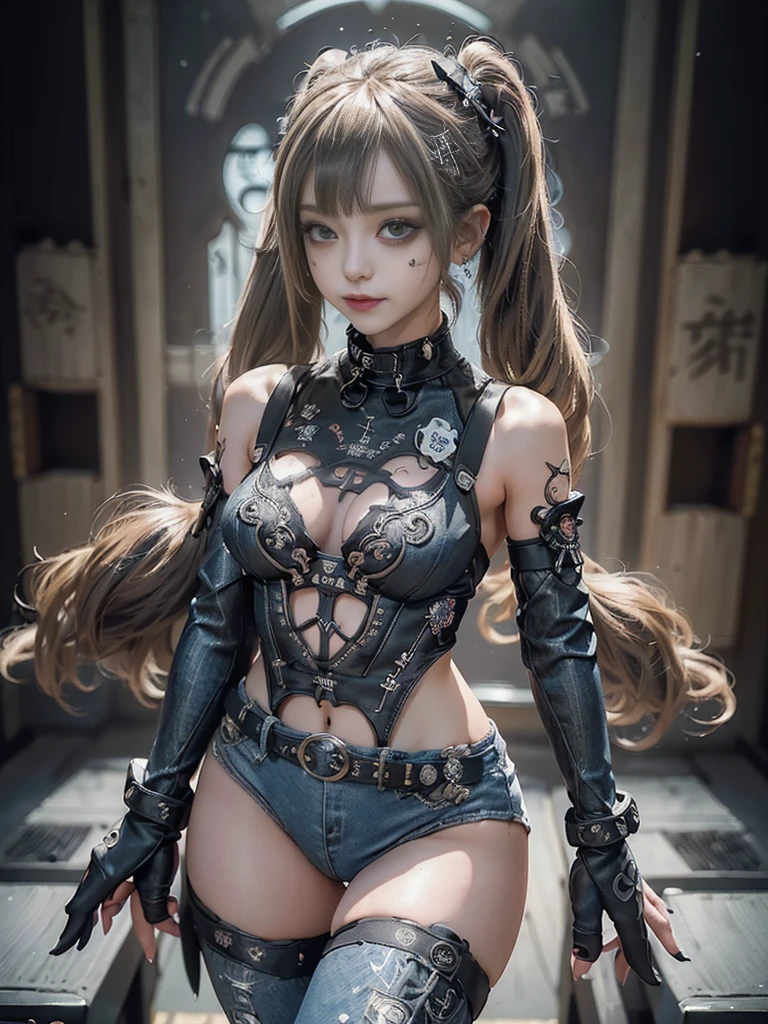 (Full Body View:1.4)、(Side view:1.1)、(Smiling with teeth showing:1.3),(Shibuya Gal:1.5)、(Gothic ta style fashion:1.5)、(Punk RockVisual Kei:1.5)、(Wearing a rhythmic gymnastics bodysuit with intricate details:1.4)、(Racing suit and pants with intricate decorations in white, denim and charcoal:1.5)、(Denim and light blue and white boots:1.3)、((belt))、(Numerous delicate logo marks all over the costume:1.4)、(collar:1.3)、(Striped underwear:1.5)、20-year-old、NSFW、((Highest quality、In 8K、masterpiece:1.3))、Sharp focus:1.2、(Layered Cut、Huge boobs:1.1),Beautiful woman with perfect figure:1.4、(Dancing vigorously:1.3)、Slender Abs:1.2、Highly detailed face and skin texture、Detailed eyes、double eyelid,(Twin tails:1.3)、(Brown-golden hair:1.3)、Gravure idol、(The background is the stage of the fashion show:1.3)、(Slim body:1.3),(Make your legs thinner:1.4),(clavicle:1.1)、(Thin and slim thighs:1.3)