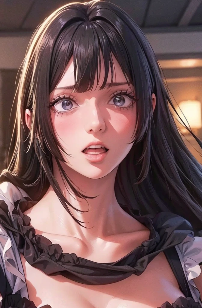 photorealistic, lip gloss, realistic, best quality, ultra high resolution, depth, pastel color, natural shading, focus on the face, just the face, looking at the viewer, long hair, black hair, brown and well-detailed eyes, black dress, gloves, anatomically correct