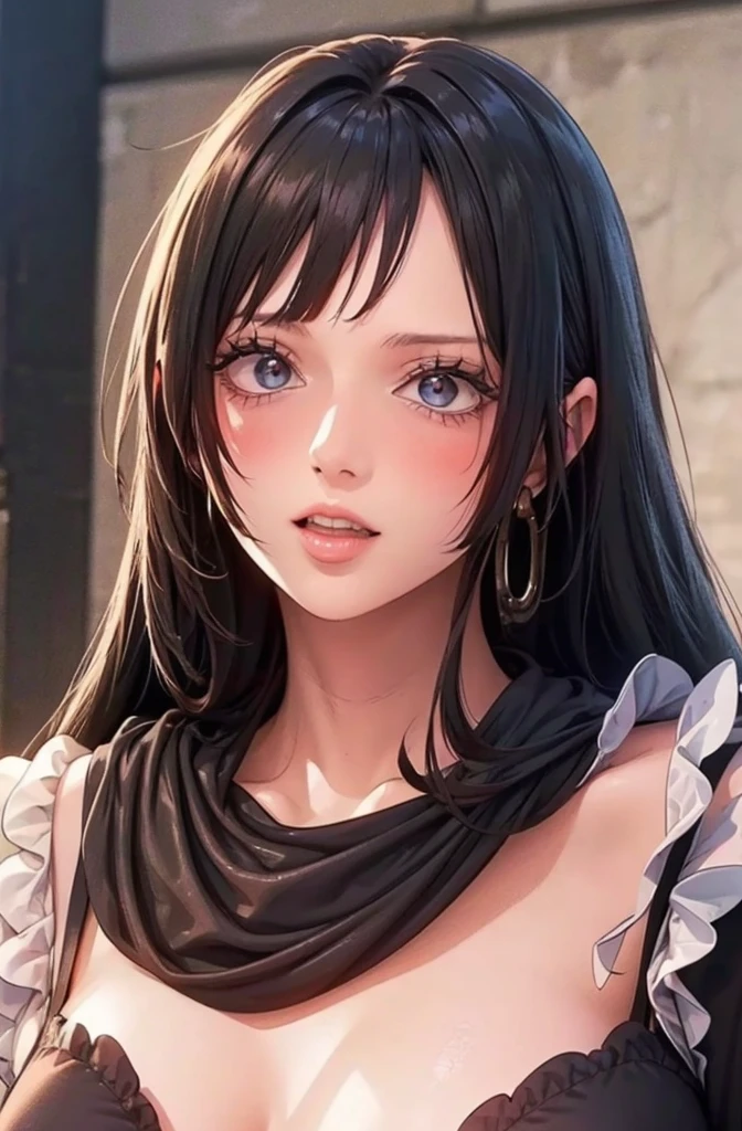 photorealistic, lip gloss, realistic, best quality, ultra high resolution, depth, pastel color, natural shading, focus on the face, just the face, looking at the viewer, long hair, black hair, brown and well-detailed eyes, black dress, gloves, anatomically correct