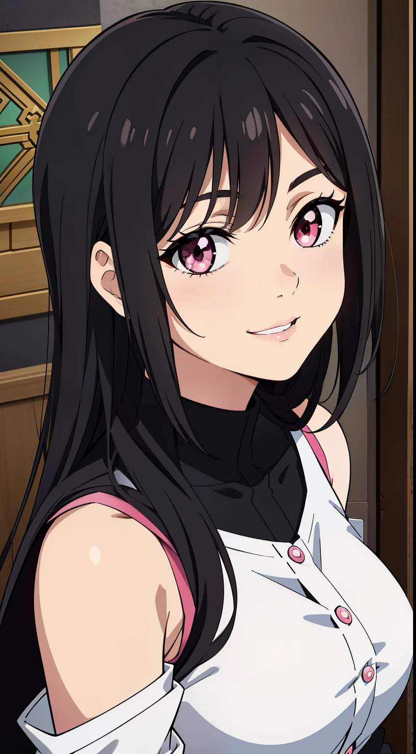 Tokyo revengers screencap of a female Short shoulder-length black hair in front of her hair down to her cheek, round pink, with big lips, and black doe eyes, smiling, Greek nose, wearing a loose button-up shirt. Liden films Graphics