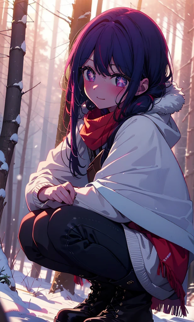 aihoshino, Ai Hoshino, Long Hair, bangs, (Purple eyes:1.1), Purple Hair, (Symbol-shaped pupil:1.5), smile,,smile,blush,White Breath,
Open your mouth,snow,Ground bonfire, Outdoor, boots, snowing, From the side, wood, suitcase, Cape, Blurred, , forest, White handbag, nature, Squat, Mouth closed, Cape, winter, Written boundary depth, Black shoes, red Cape break looking at viewer, Upper Body, whole body, break Outdoor, forest, nature, break (masterpiece:1.2), Highest quality, High resolution, unity 8k wallpaper, (shape:0.8), (Beautiful and beautiful eyes:1.6), Highly detailed face, Perfect lighting, Extremely detailed CG, (Perfect hands, Perfect Anatomy),